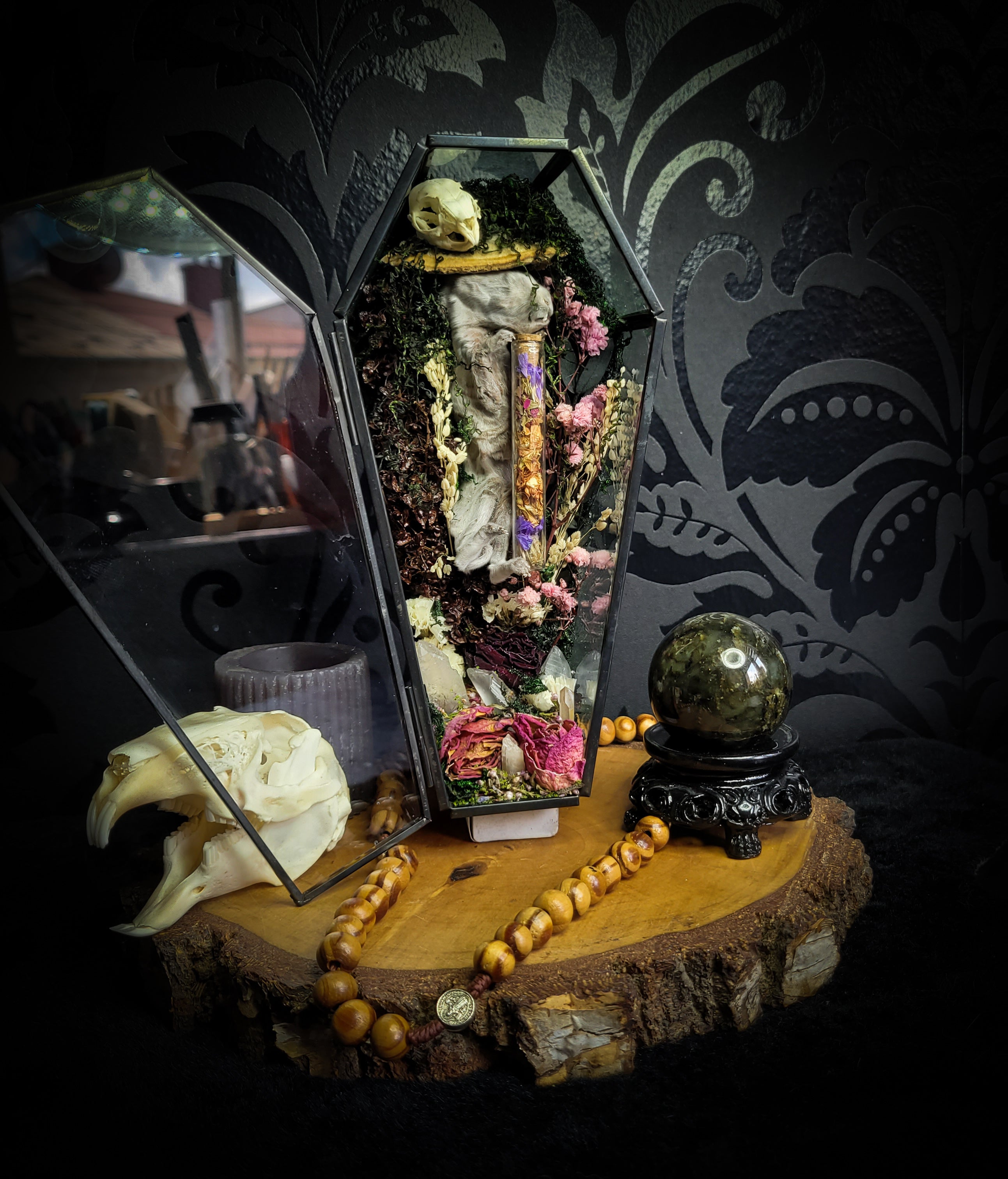 Silent Garden | Woodland — handmade gothic display with mummified baby bunny, rabbit skull, carved quartz moon, preserved roses, florals and crystals in glass coffin case on hand-finished base, 19x9.5cm