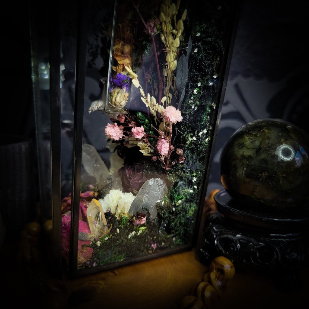 Silent Garden | Woodland — handmade gothic display with mummified baby bunny, rabbit skull, carved quartz moon, preserved roses, florals and crystals in glass coffin case on hand-finished base, 19x9.5cm