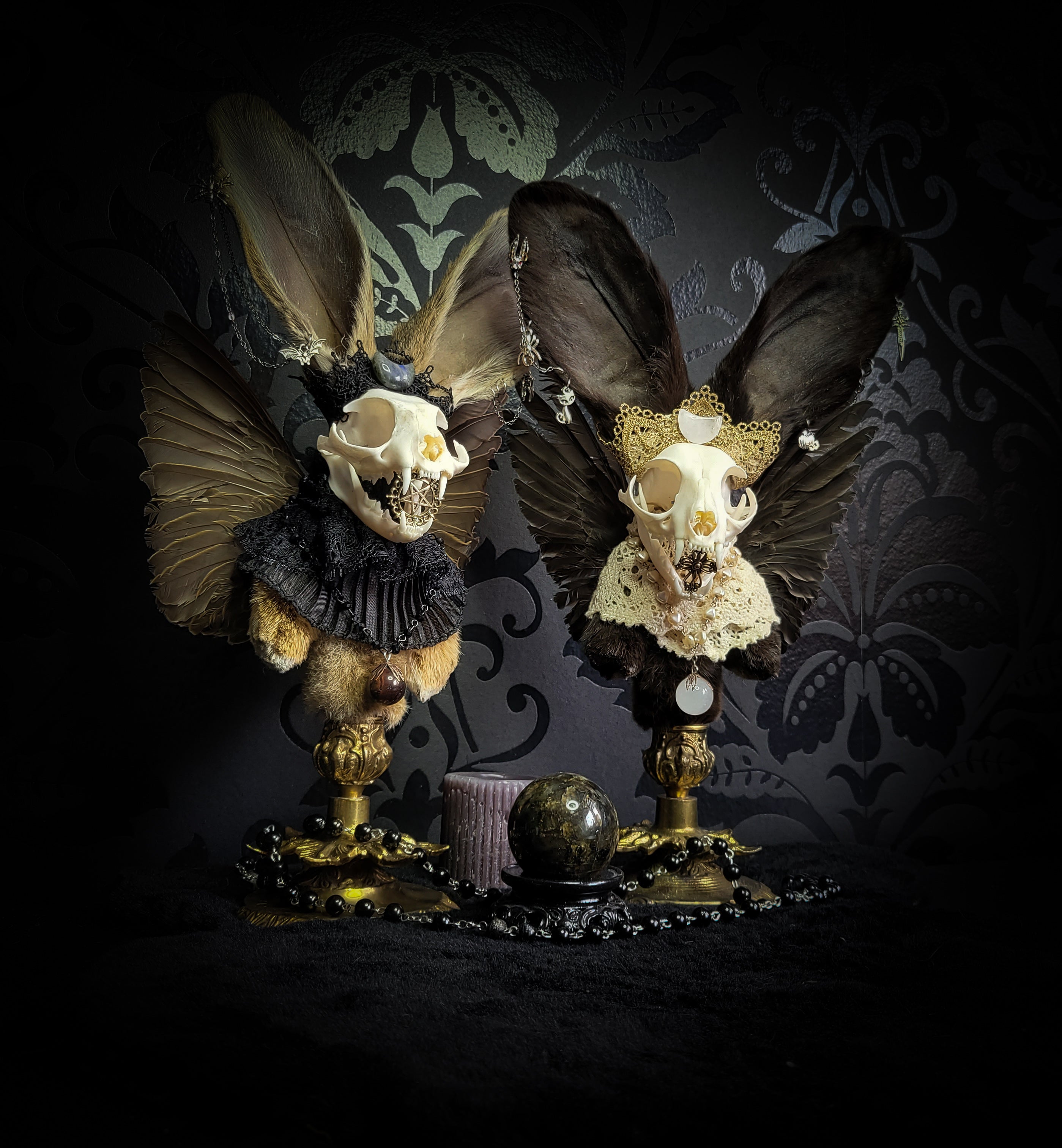 Silent Companion — handmade gothic art doll, made to order. One-of-a-kind puppet with real animal skull on antique decorative base, fully handmade original character. Dark collectible sculpture by Morbid Oddities.