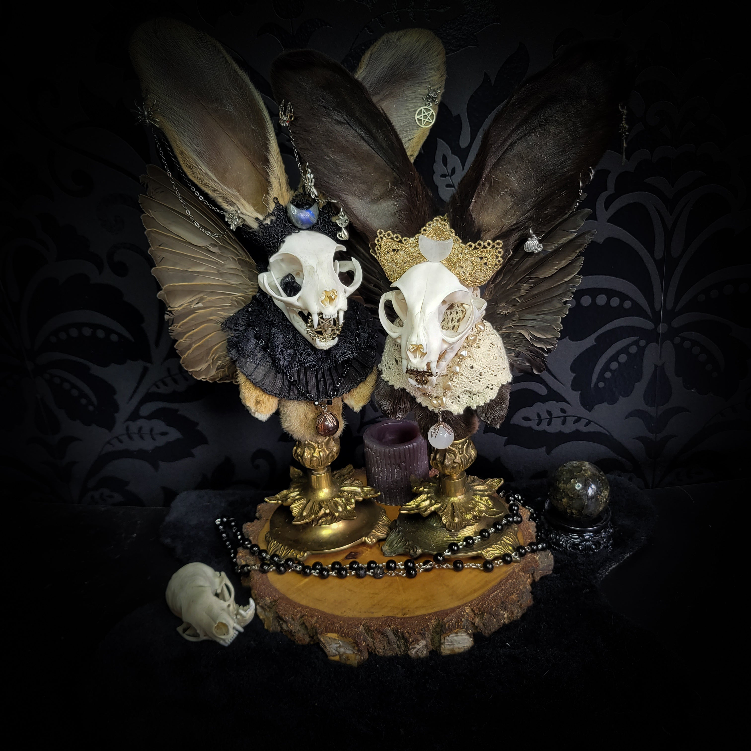 Silent Companion — handmade gothic art doll, made to order. One-of-a-kind puppet with real animal skull on antique decorative base, fully handmade original character. Dark collectible sculpture by Morbid Oddities.