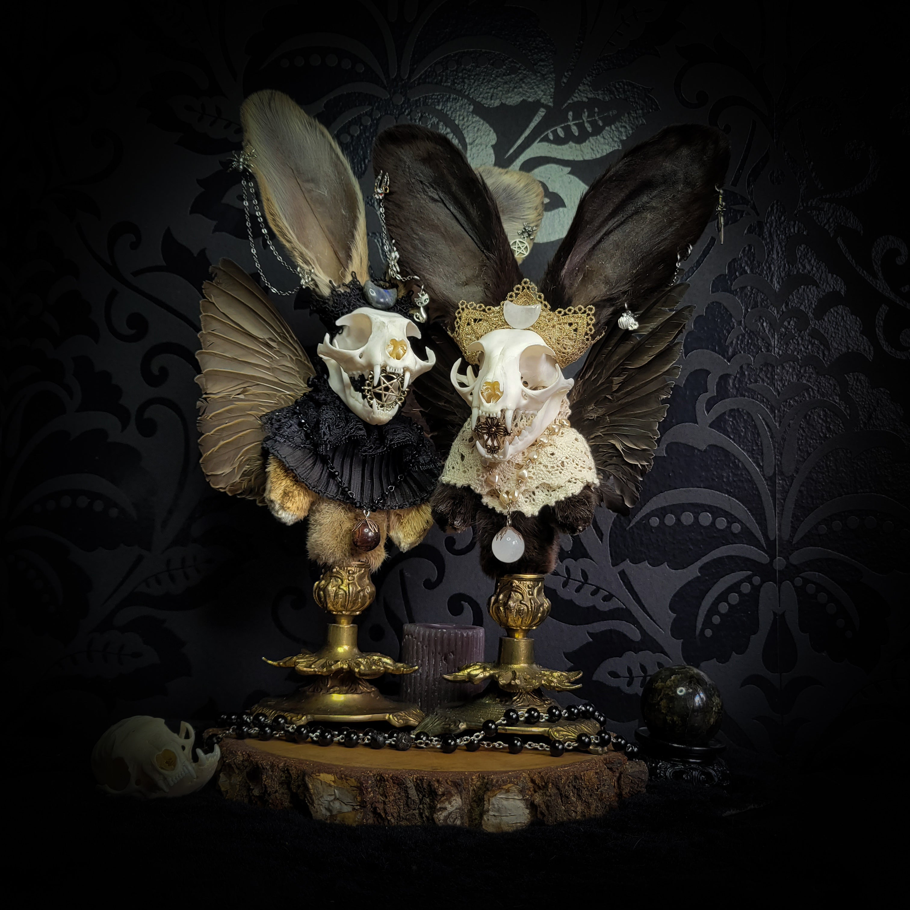 Silent Companion — handmade gothic art doll, made to order. One-of-a-kind puppet with real animal skull on antique decorative base, fully handmade original character. Dark collectible sculpture by Morbid Oddities.