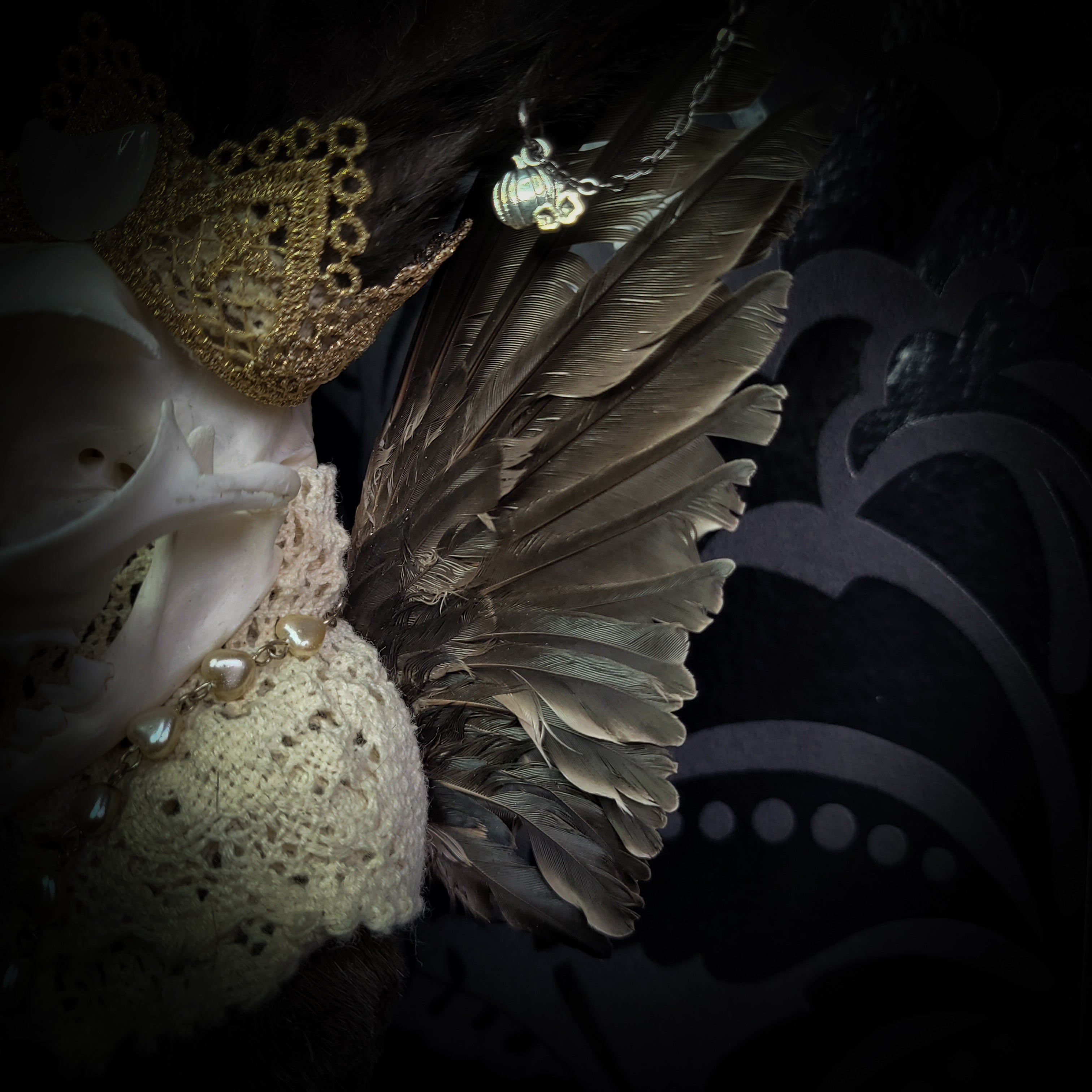 Silent Companion — handmade gothic art doll, made to order. One-of-a-kind puppet with real animal skull on antique decorative base, fully handmade original character. Dark collectible sculpture by Morbid Oddities.