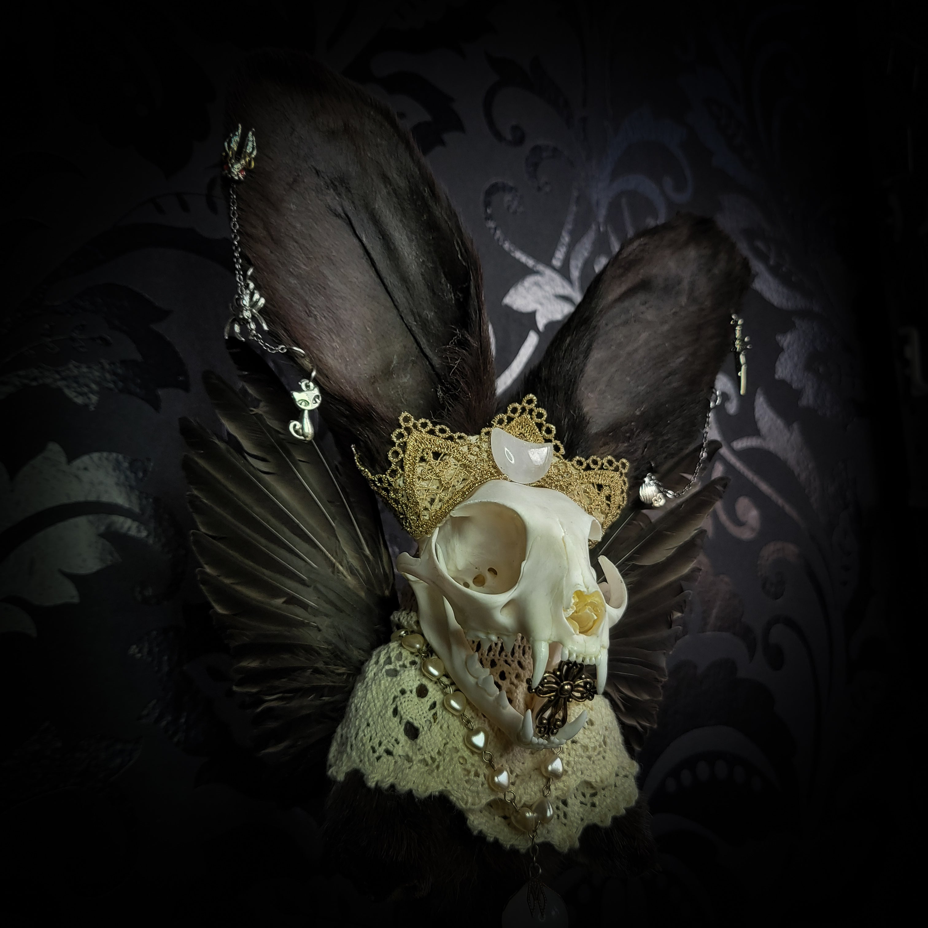 Silent Companion — handmade gothic art doll, made to order. One-of-a-kind puppet with real animal skull on antique decorative base, fully handmade original character. Dark collectible sculpture by Morbid Oddities.
