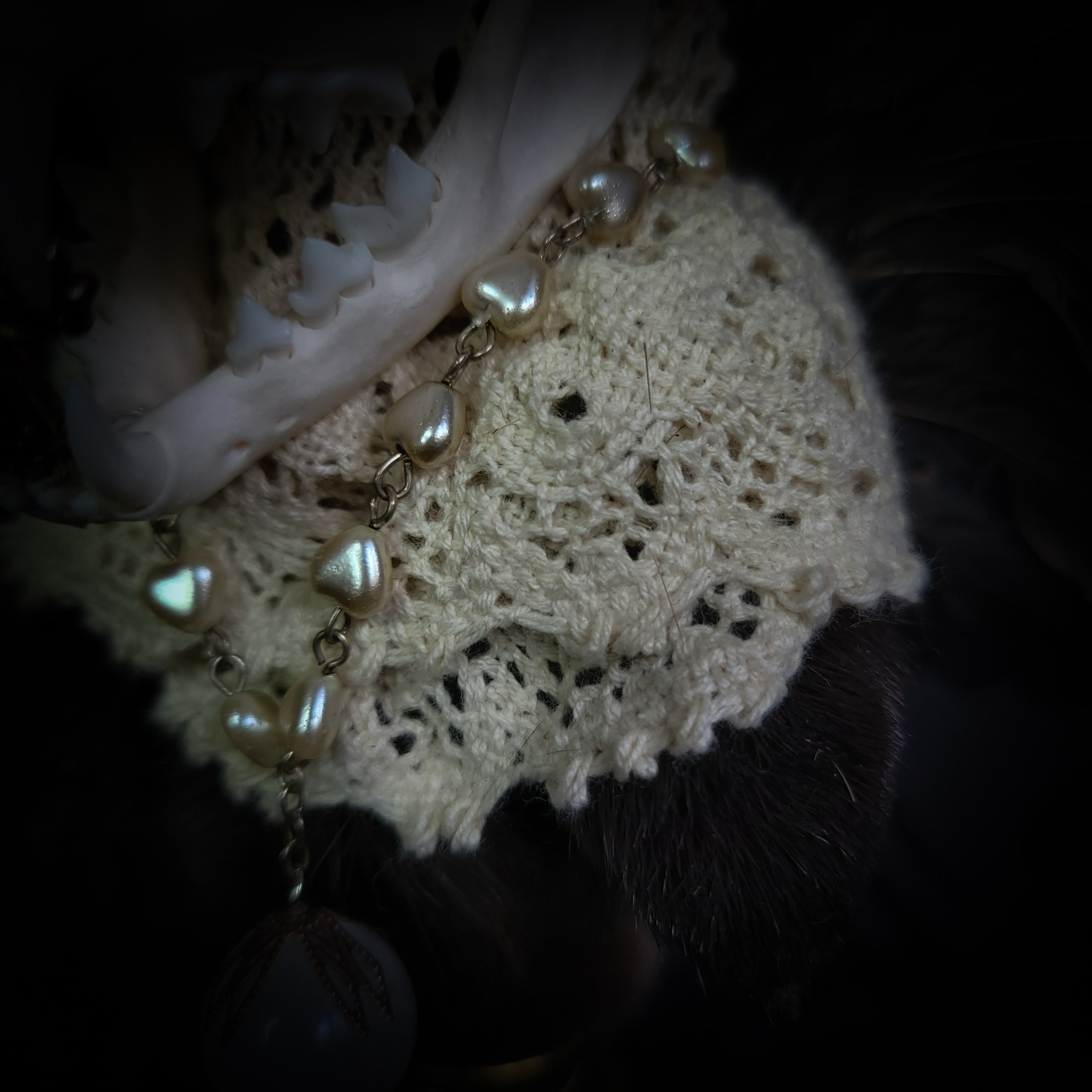 Silent Companion — handmade gothic art doll, made to order. One-of-a-kind puppet with real animal skull on antique decorative base, fully handmade original character. Dark collectible sculpture by Morbid Oddities.