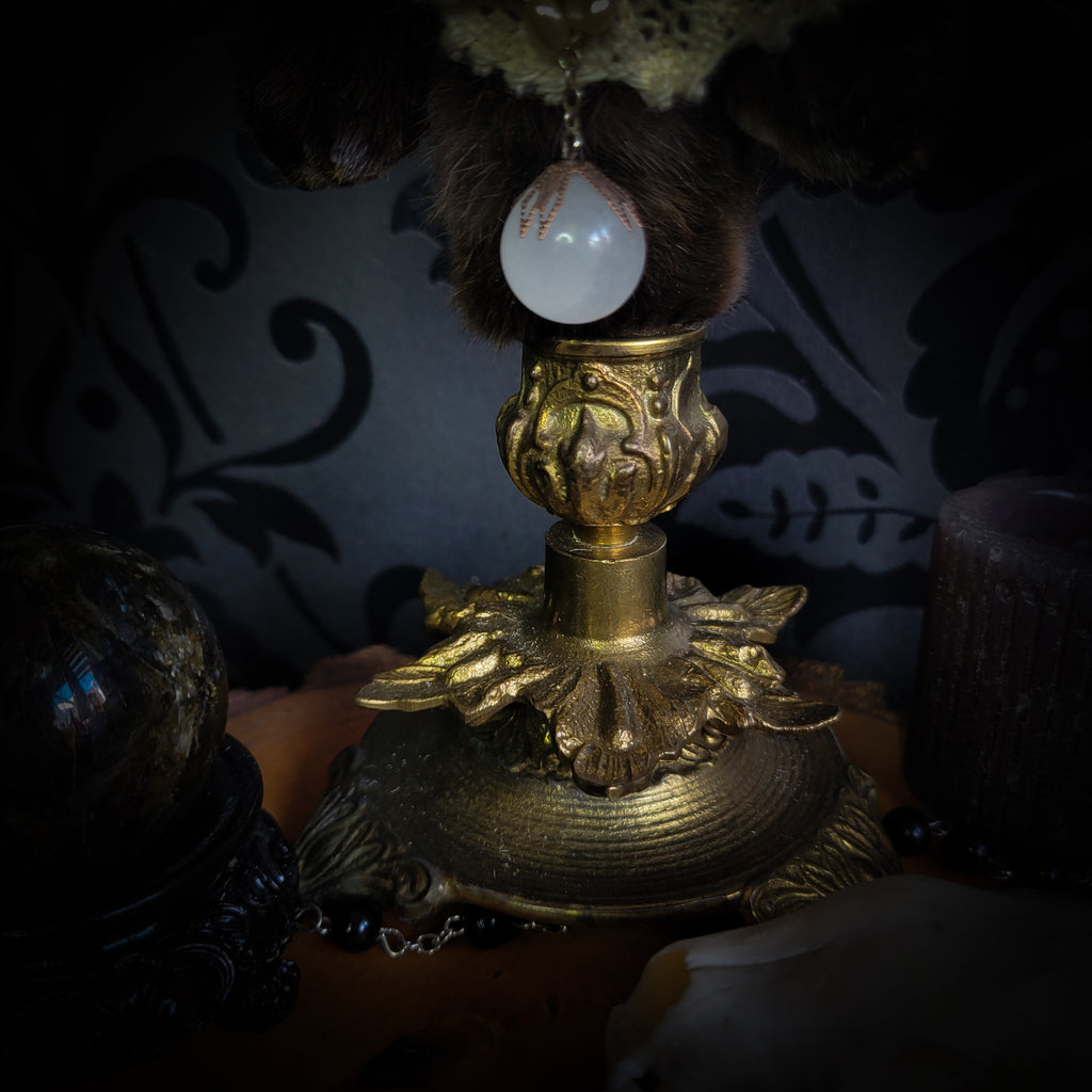 Silent Companion — handmade gothic art doll, made to order. One-of-a-kind puppet with real animal skull on antique decorative base, fully handmade original character. Dark collectible sculpture by Morbid Oddities.