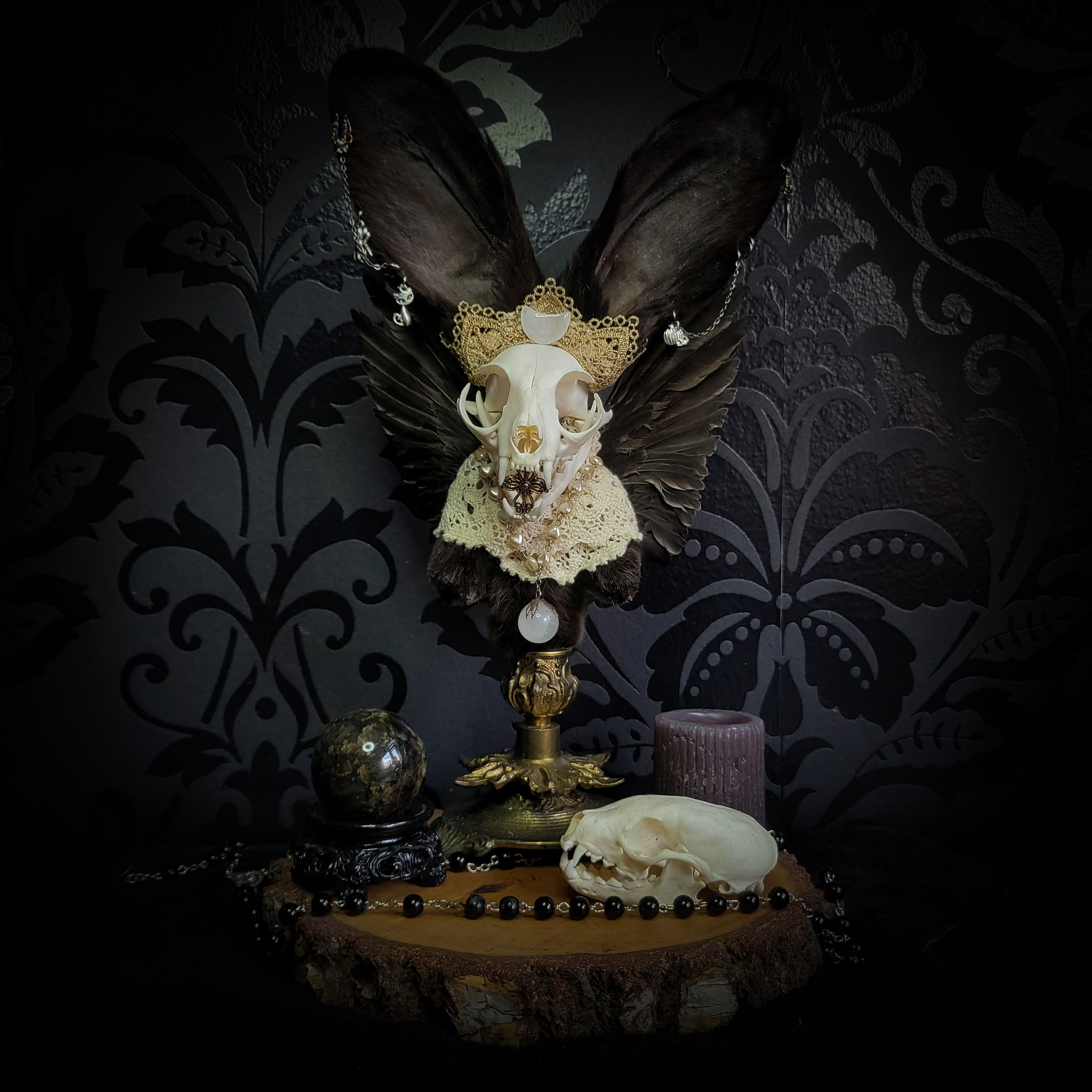 Silent Companion — handmade gothic art doll, made to order. One-of-a-kind puppet with real animal skull on antique decorative base, fully handmade original character. Dark collectible sculpture by Morbid Oddities.