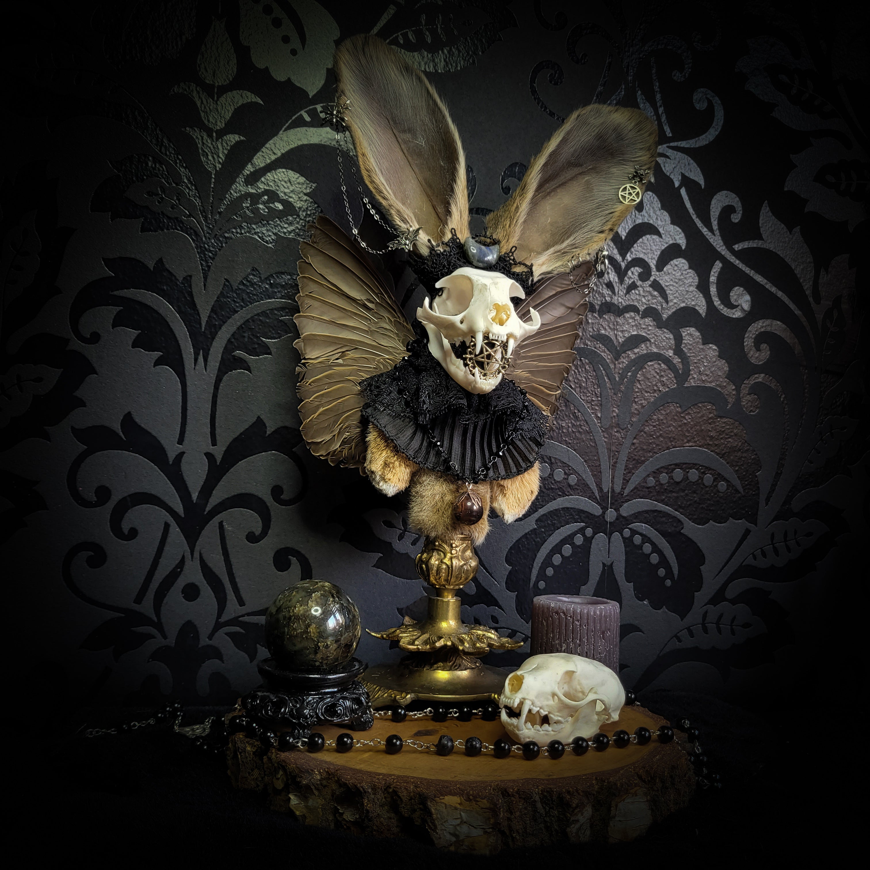 Silent Companion — handmade gothic art doll, made to order. One-of-a-kind puppet with real animal skull on antique decorative base, fully handmade original character. Dark collectible sculpture by Morbid Oddities.