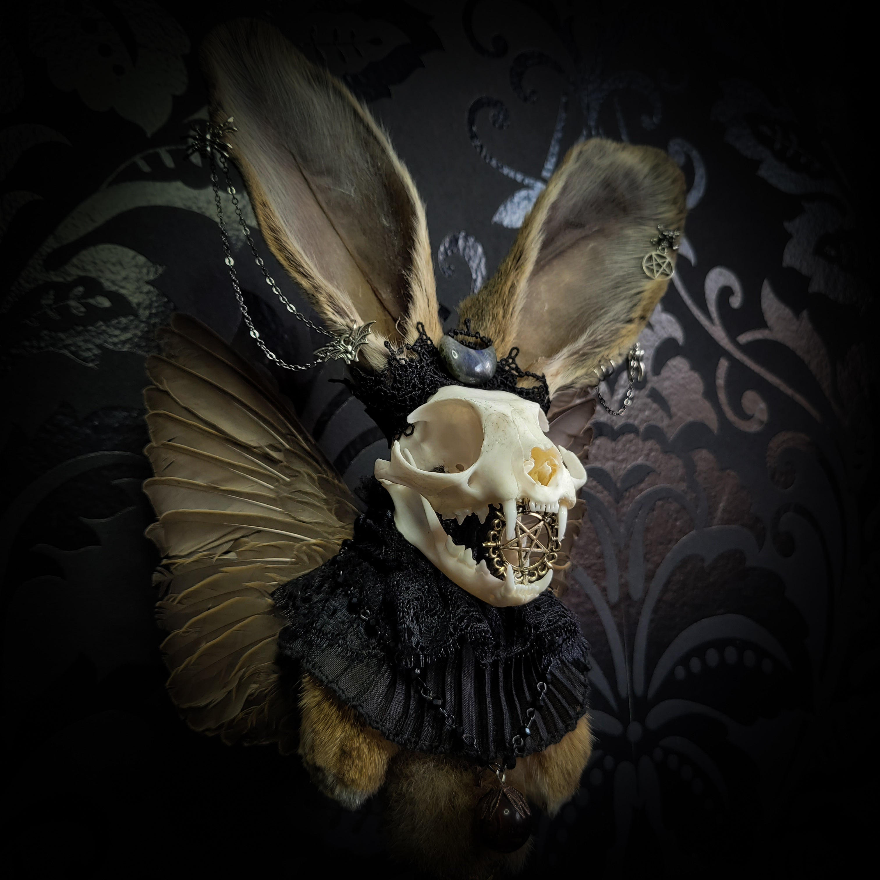 Silent Companion — handmade gothic art doll, made to order. One-of-a-kind puppet with real animal skull on antique decorative base, fully handmade original character. Dark collectible sculpture by Morbid Oddities.