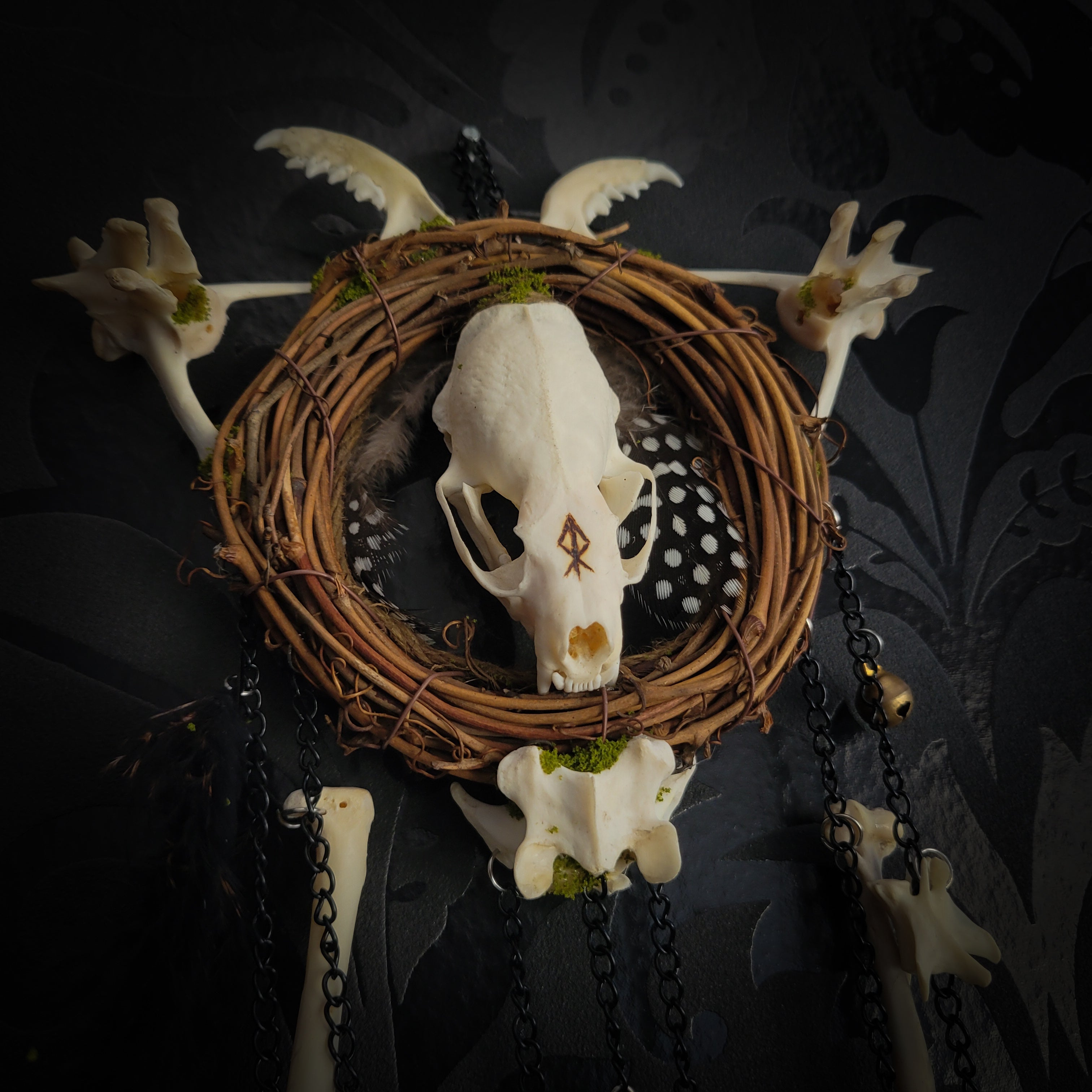 Witch Bell — handmade protective witch bells, made to order. Unique ritual charm with metal bells, bones and symbolic elements, designed for doorways, altars and ritual spaces. Handcrafted occult decor by Morbid Oddities