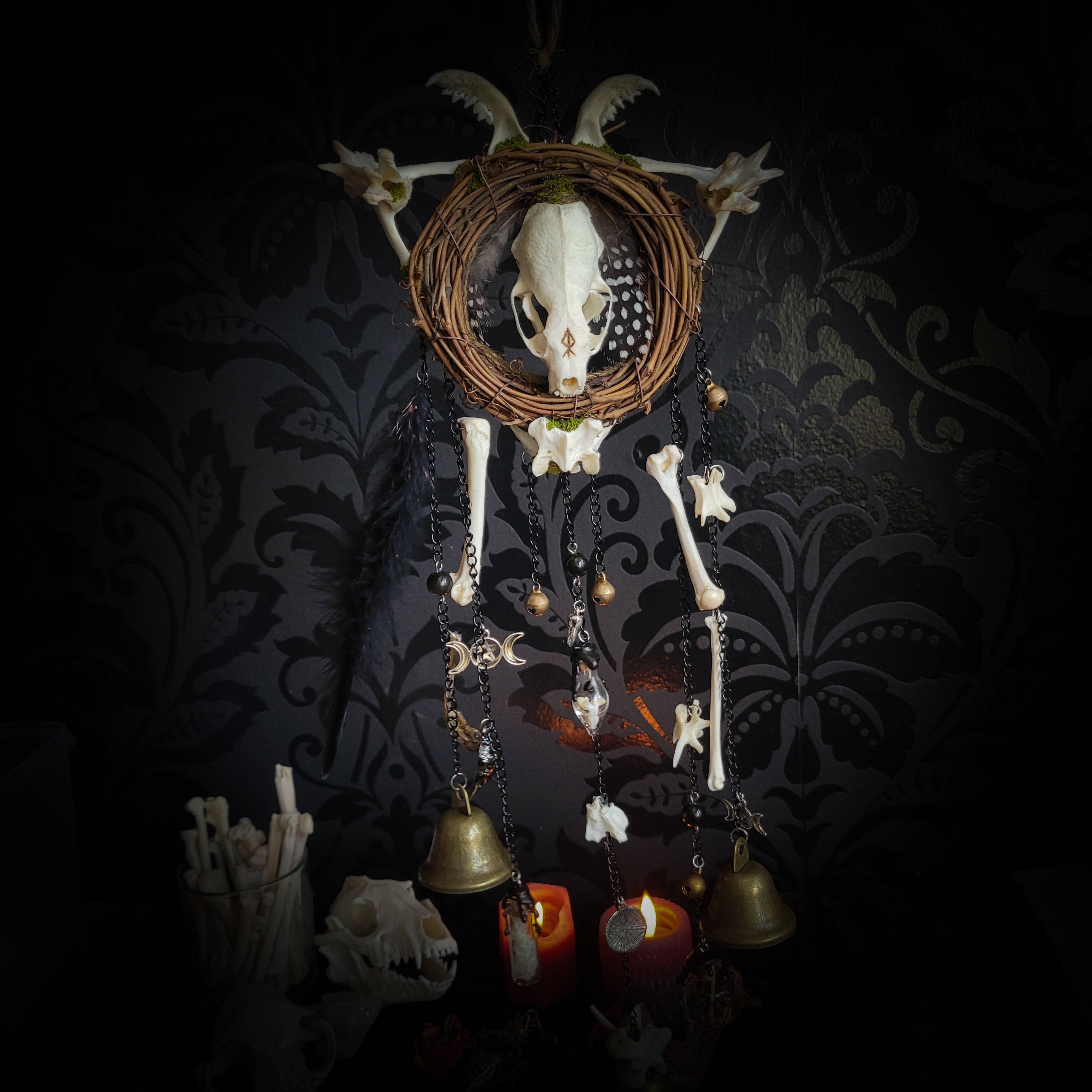 Witch Bell — handmade protective witch bells, made to order. Unique ritual charm with metal bells, bones and symbolic elements, designed for doorways, altars and ritual spaces. Handcrafted occult decor by Morbid Oddities