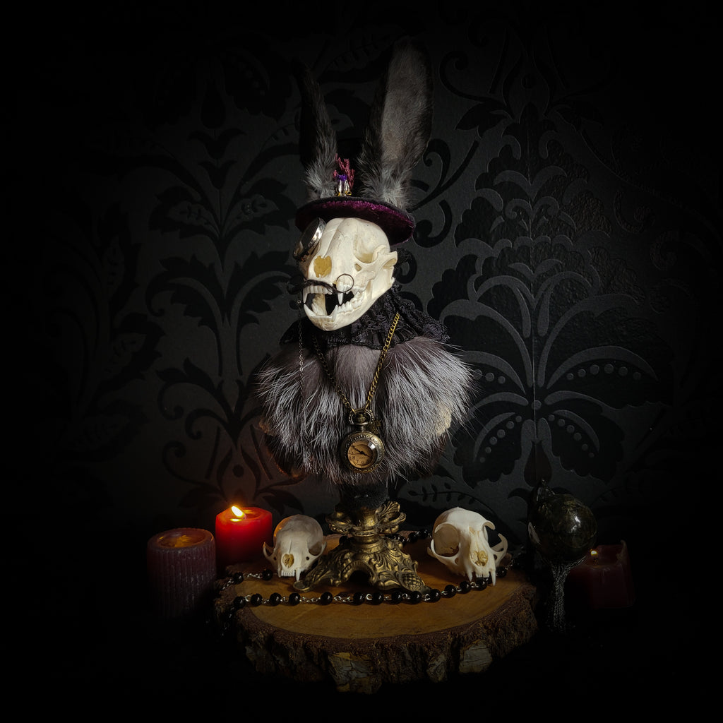 Silent Companion — handmade gothic art doll, made to order. One-of-a-kind puppet with real animal skull on antique decorative base, fully handmade original character. Dark collectible sculpture by Morbid Oddities.