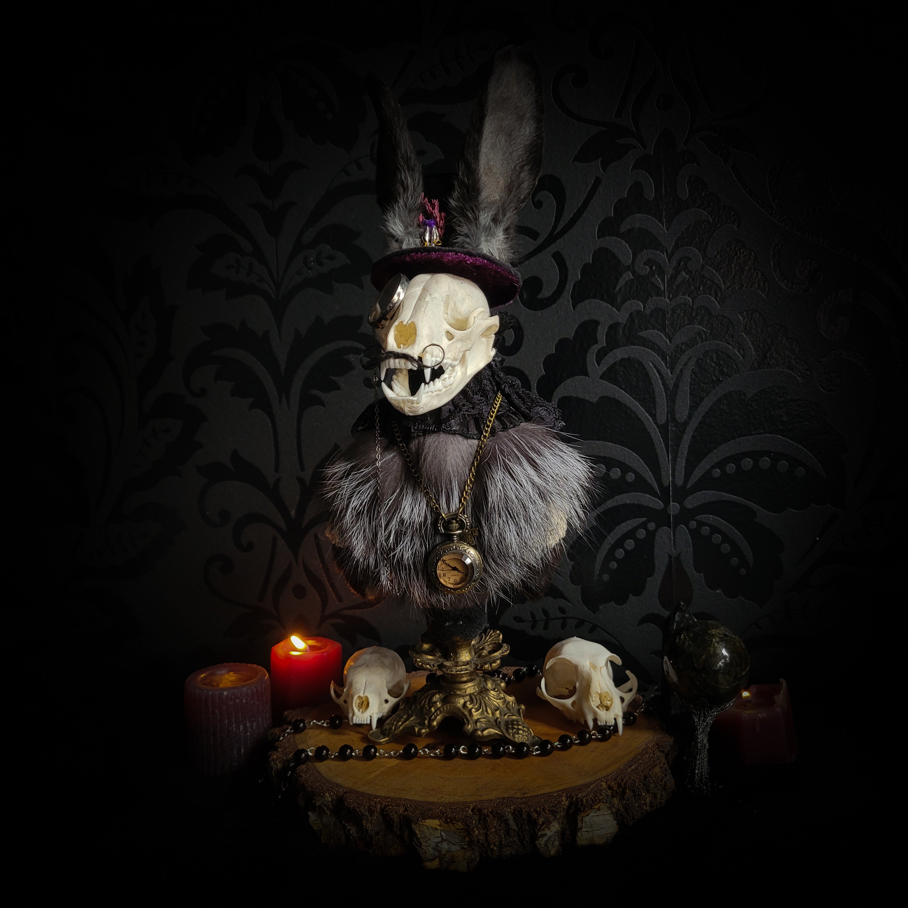 Silent Companion — handmade gothic art doll, made to order. One-of-a-kind puppet with real animal skull on antique decorative base, fully handmade original character. Dark collectible sculpture by Morbid Oddities.