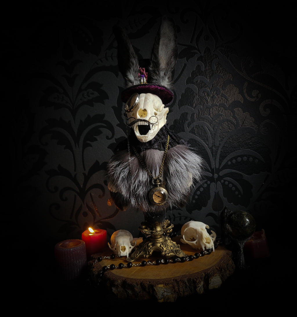 Silent Companion — handmade gothic art doll, made to order. One-of-a-kind puppet with real animal skull on antique decorative base, fully handmade original character. Dark collectible sculpture by Morbid Oddities.