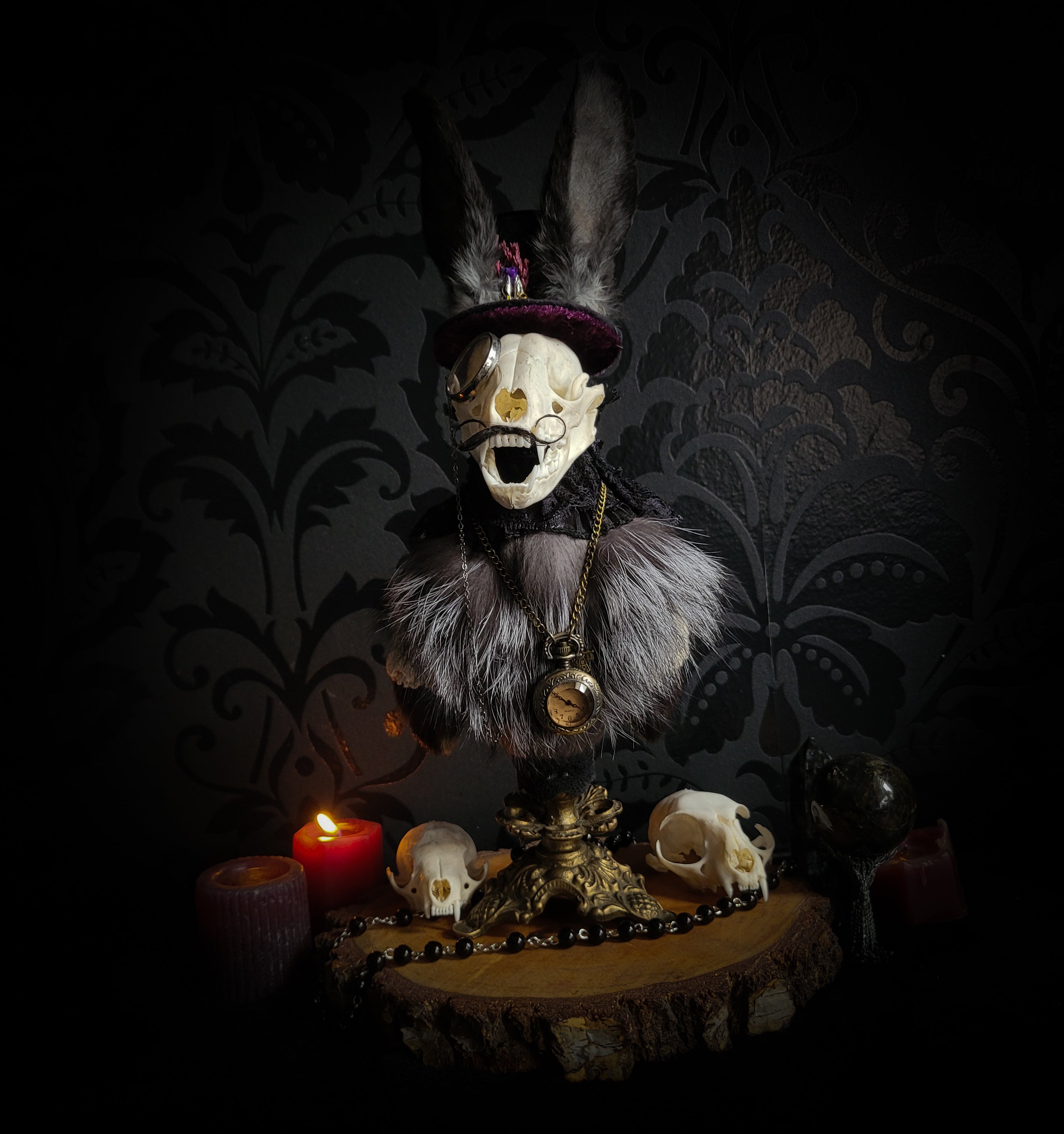 Silent Companion — handmade gothic art doll, made to order. One-of-a-kind puppet with real animal skull on antique decorative base, fully handmade original character. Dark collectible sculpture by Morbid Oddities.