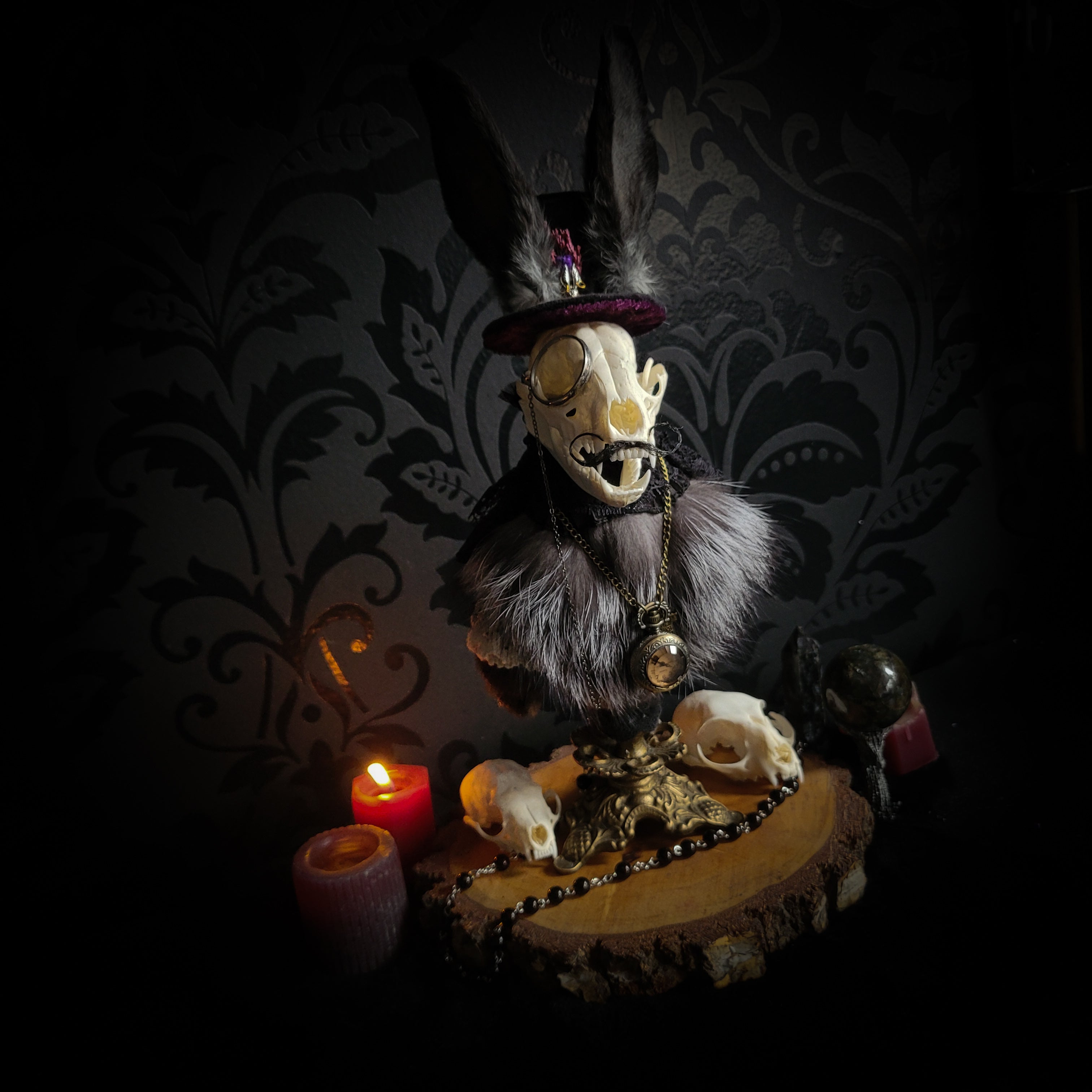 Silent Companion — handmade gothic art doll, made to order. One-of-a-kind puppet with real animal skull on antique decorative base, fully handmade original character. Dark collectible sculpture by Morbid Oddities.