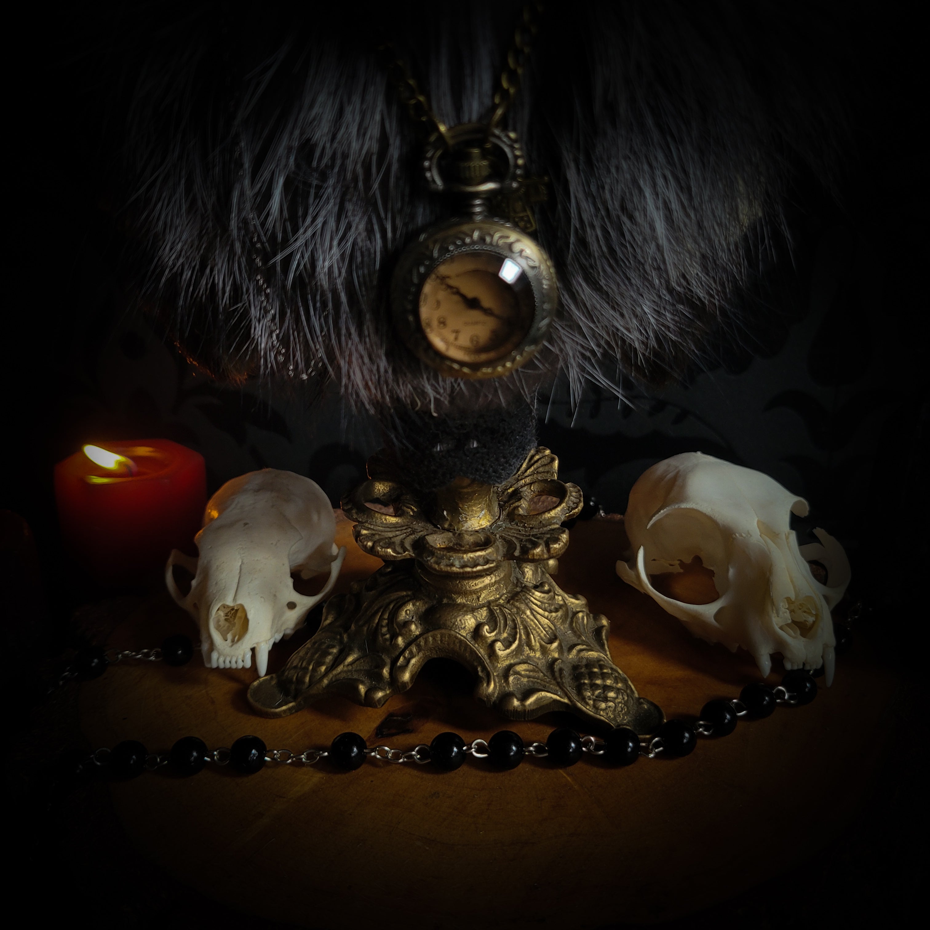 Silent Companion — handmade gothic art doll, made to order. One-of-a-kind puppet with real animal skull on antique decorative base, fully handmade original character. Dark collectible sculpture by Morbid Oddities.