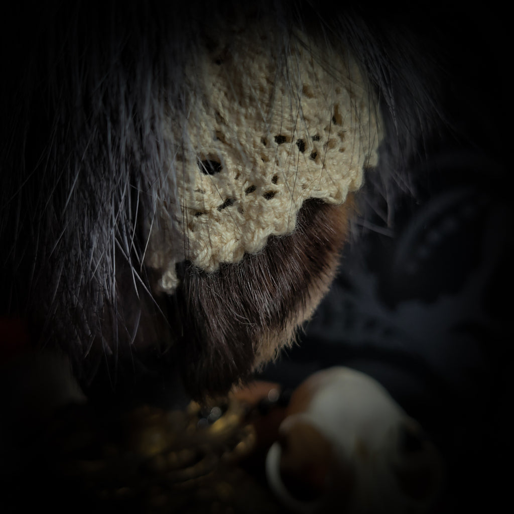 Silent Companion — handmade gothic art doll, made to order. One-of-a-kind puppet with real animal skull on antique decorative base, fully handmade original character. Dark collectible sculpture by Morbid Oddities.