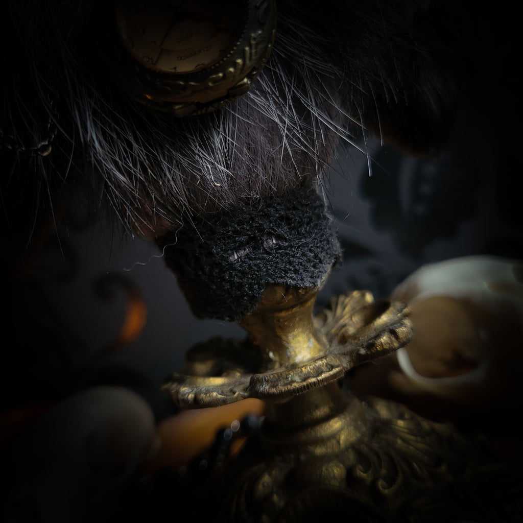 Silent Companion — handmade gothic art doll, made to order. One-of-a-kind puppet with real animal skull on antique decorative base, fully handmade original character. Dark collectible sculpture by Morbid Oddities.