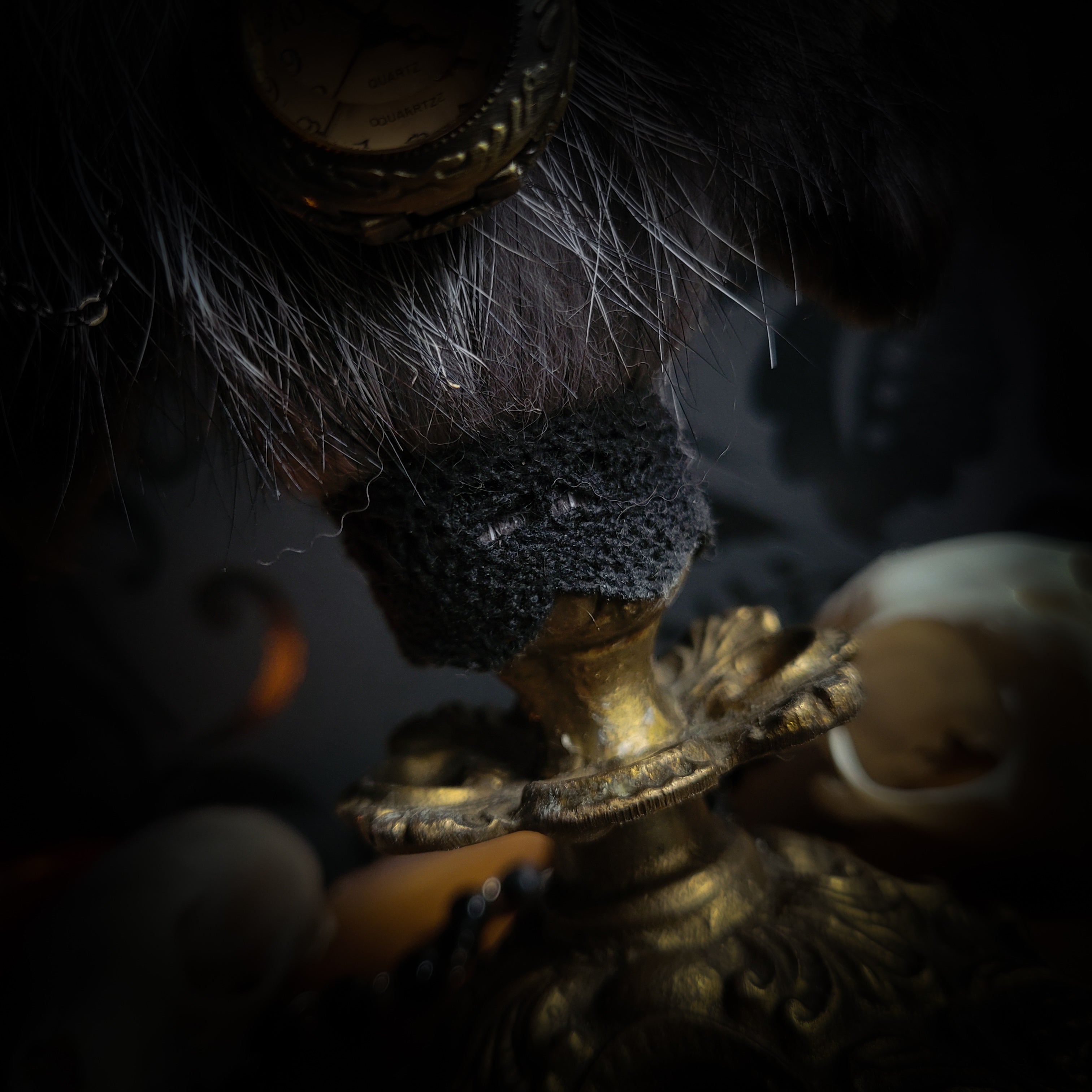 Silent Companion — handmade gothic art doll, made to order. One-of-a-kind puppet with real animal skull on antique decorative base, fully handmade original character. Dark collectible sculpture by Morbid Oddities.
