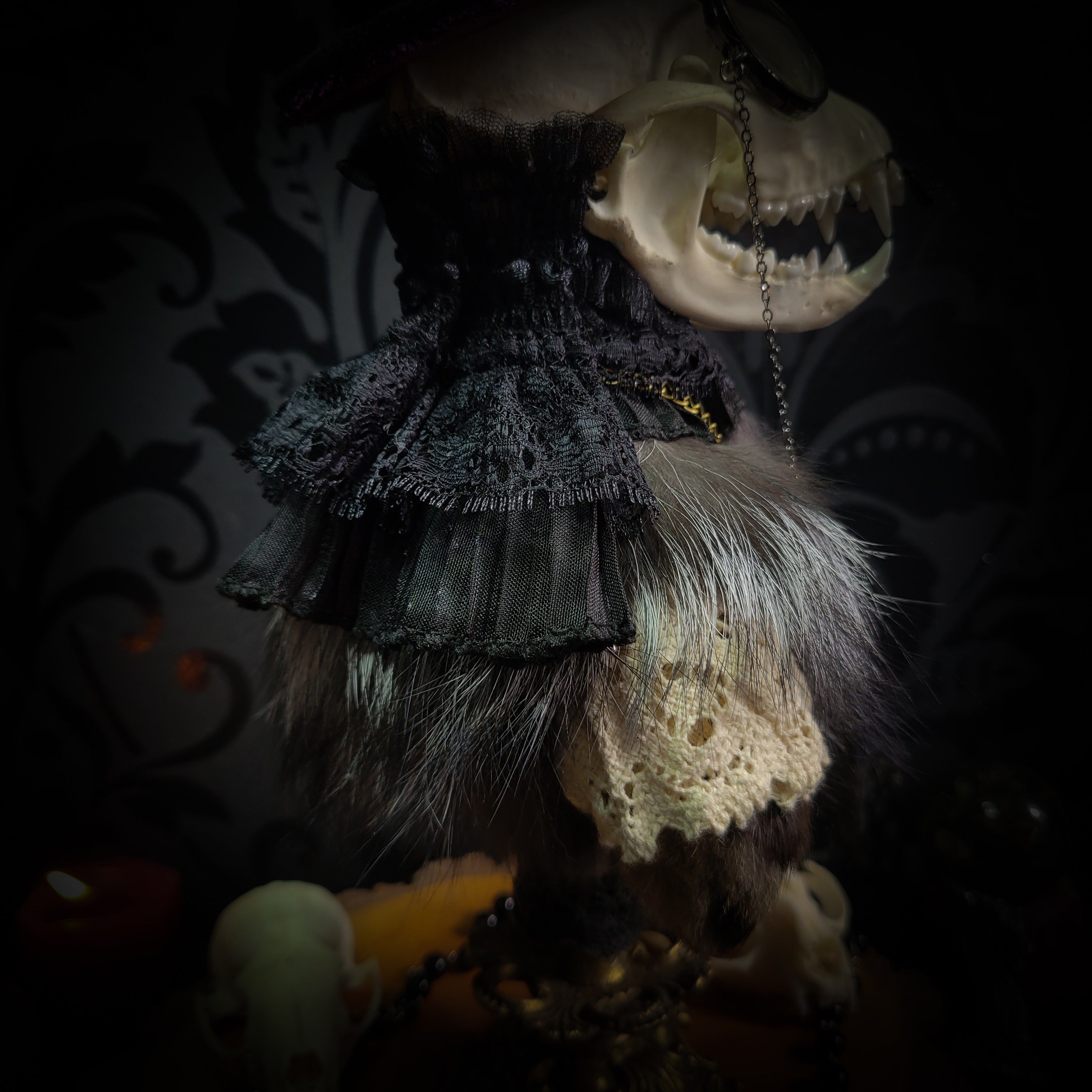 Silent Companion — handmade gothic art doll, made to order. One-of-a-kind puppet with real animal skull on antique decorative base, fully handmade original character. Dark collectible sculpture by Morbid Oddities.