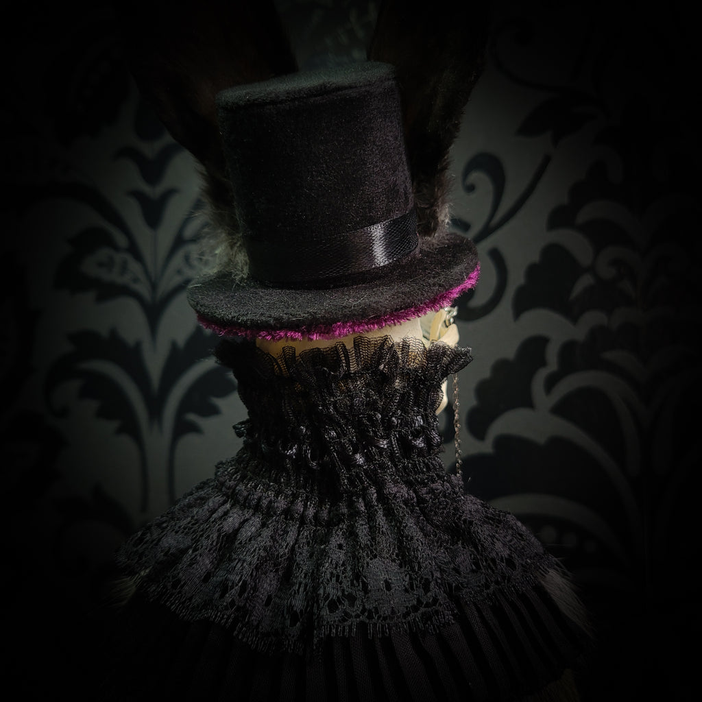 Silent Companion — handmade gothic art doll, made to order. One-of-a-kind puppet with real animal skull on antique decorative base, fully handmade original character. Dark collectible sculpture by Morbid Oddities.
