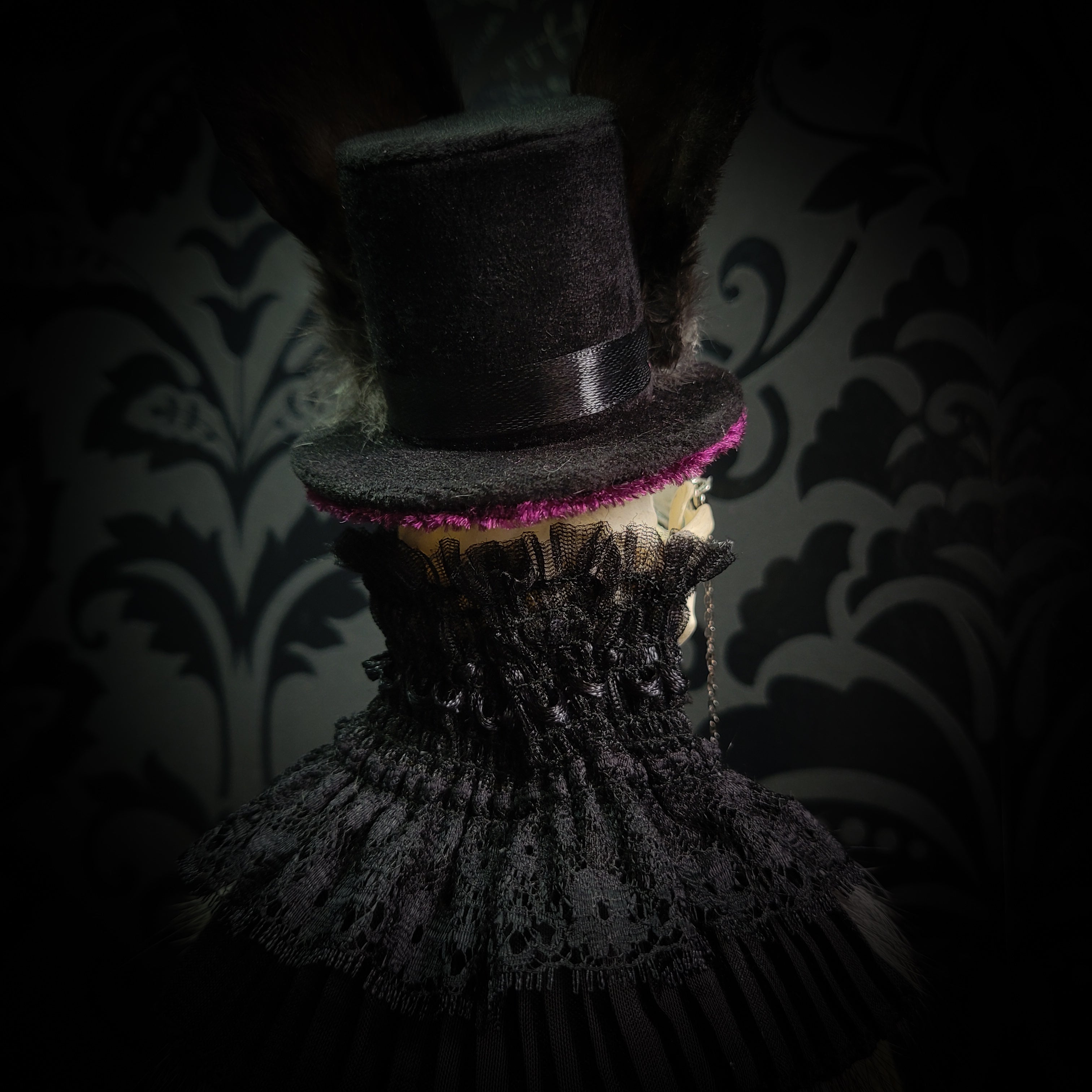 Silent Companion — handmade gothic art doll, made to order. One-of-a-kind puppet with real animal skull on antique decorative base, fully handmade original character. Dark collectible sculpture by Morbid Oddities.