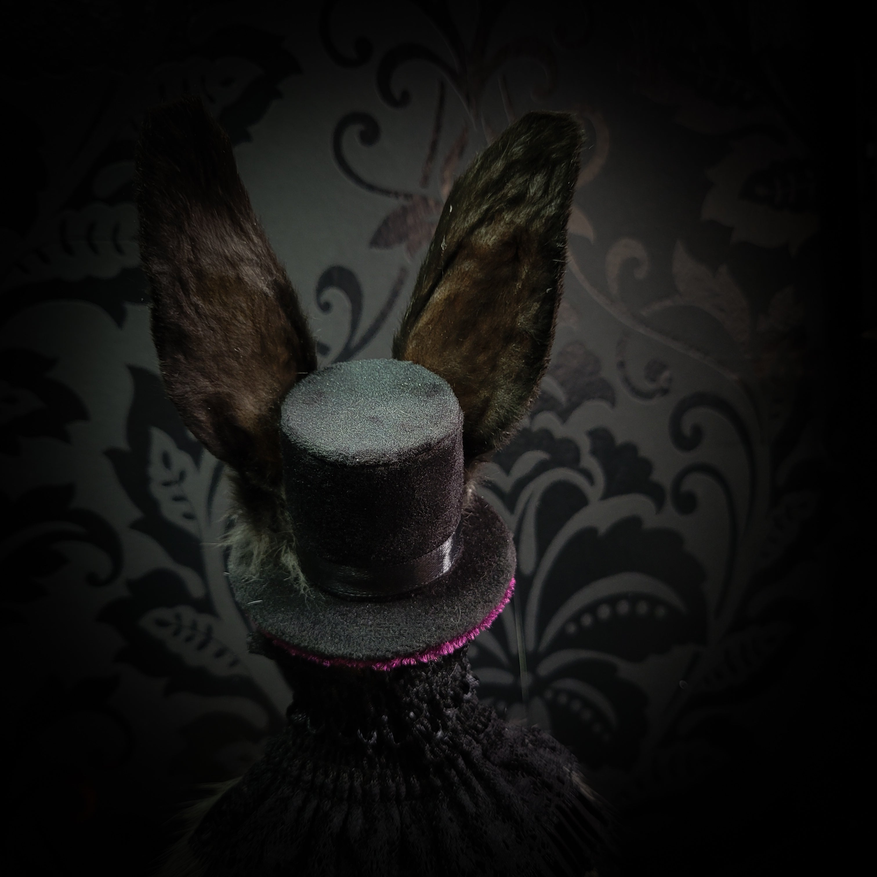 Silent Companion — handmade gothic art doll, made to order. One-of-a-kind puppet with real animal skull on antique decorative base, fully handmade original character. Dark collectible sculpture by Morbid Oddities.