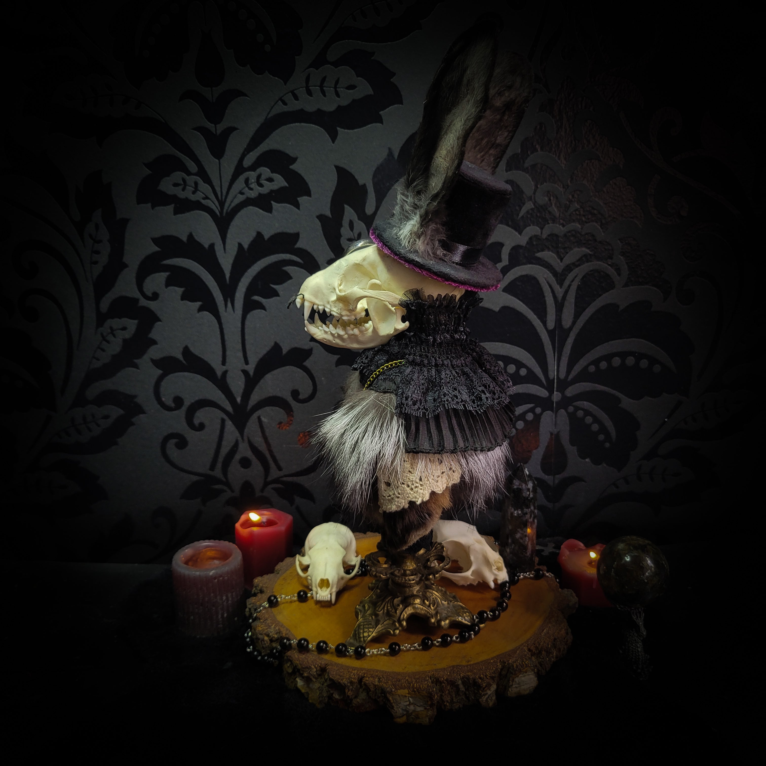 Silent Companion — handmade gothic art doll, made to order. One-of-a-kind puppet with real animal skull on antique decorative base, fully handmade original character. Dark collectible sculpture by Morbid Oddities.