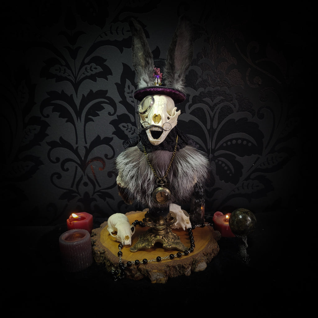 Silent Companion — handmade gothic art doll, made to order. One-of-a-kind puppet with real animal skull on antique decorative base, fully handmade original character. Dark collectible sculpture by Morbid Oddities.