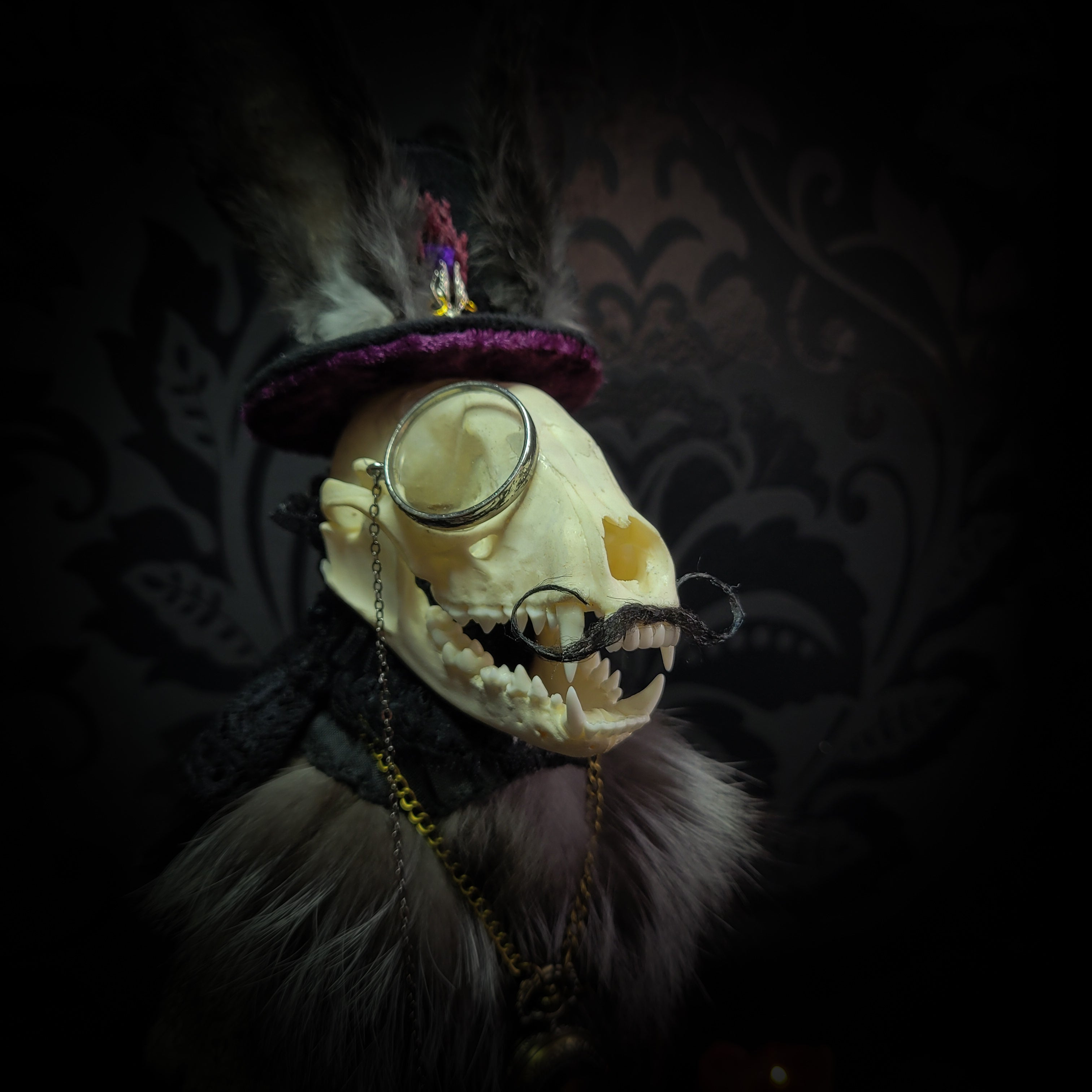 Silent Companion — handmade gothic art doll, made to order. One-of-a-kind puppet with real animal skull on antique decorative base, fully handmade original character. Dark collectible sculpture by Morbid Oddities.
