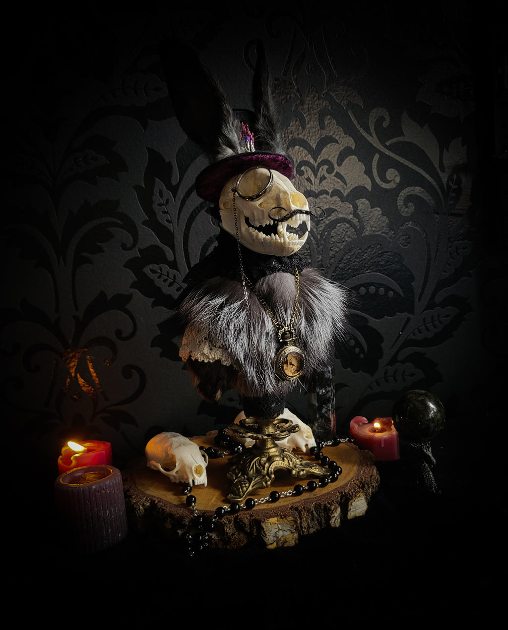 Silent Companion — handmade gothic art doll, made to order. One-of-a-kind puppet with real animal skull on antique decorative base, fully handmade original character. Dark collectible sculpture by Morbid Oddities.