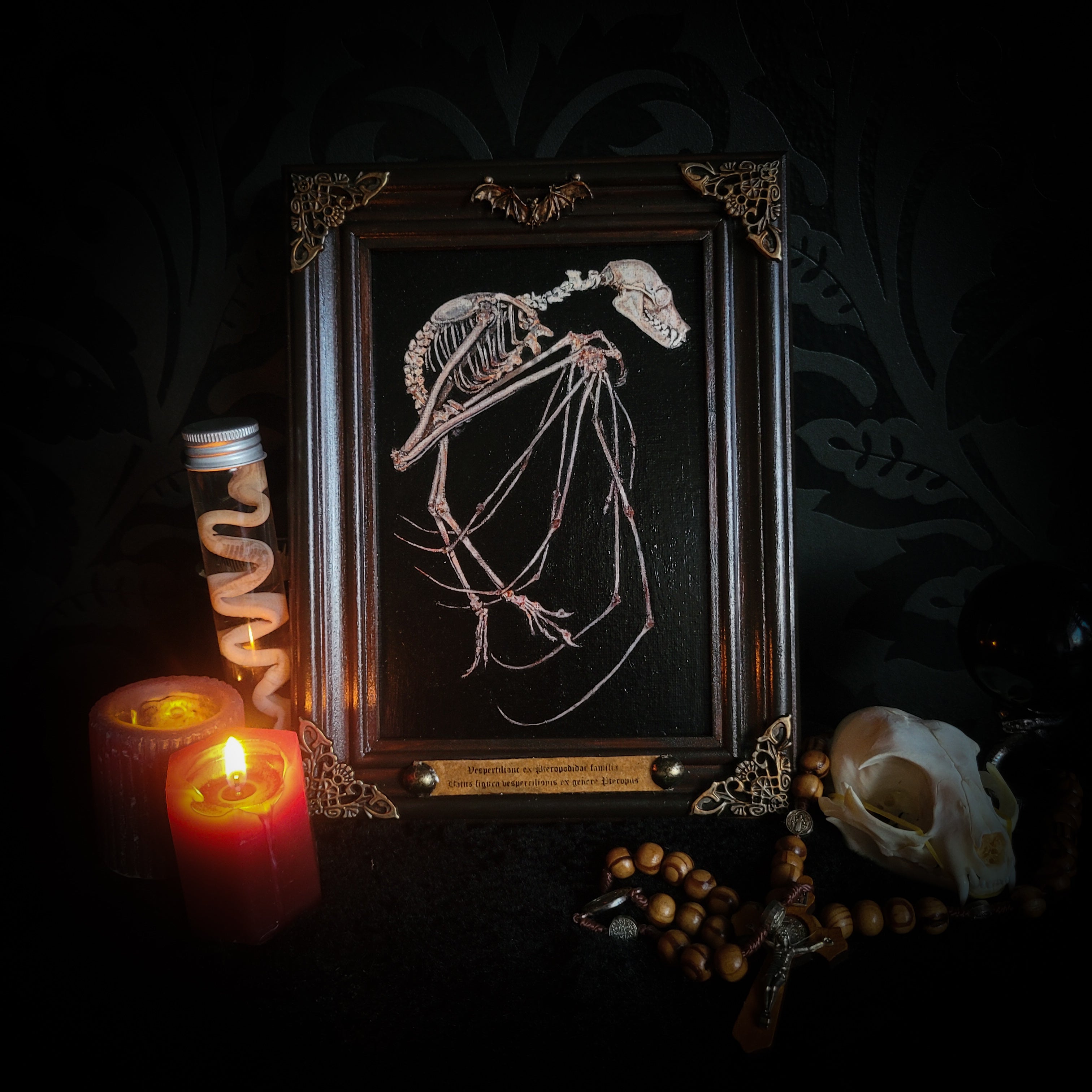 Custom Painting — hand-painted gothic skull and skeleton artwork, made to order. Realistic anatomical painting on canvas in handmade wooden frame, sealed with protective varnish. Original dark art commission by Morbid Oddities.

