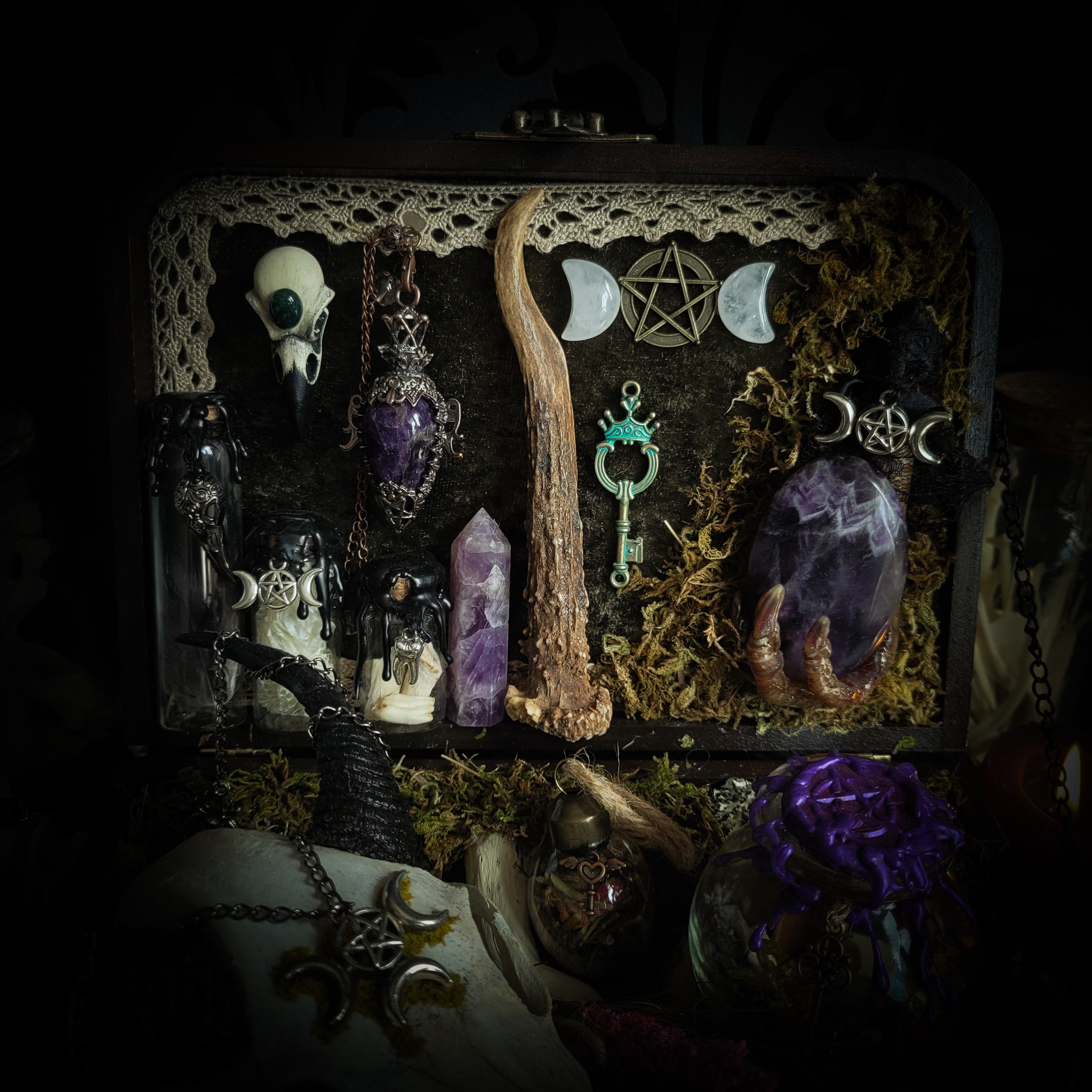 Deity Devotion Casket — handmade gothic deity altar casket, made to order. Fully custom devotional box with handcrafted wooden base, symbolic elements, spell jars, bones, crystals and ritual objects. Dark witchcraft commission by Morbid Oddities.