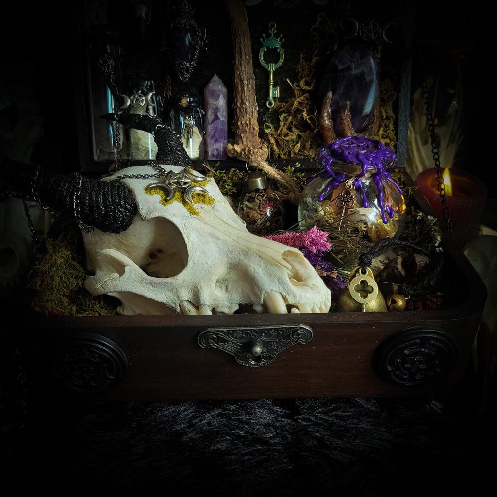 Deity Devotion Casket — handmade gothic deity altar casket, made to order. Fully custom devotional box with handcrafted wooden base, symbolic elements, spell jars, bones, crystals and ritual objects. Dark witchcraft commission by Morbid Oddities.