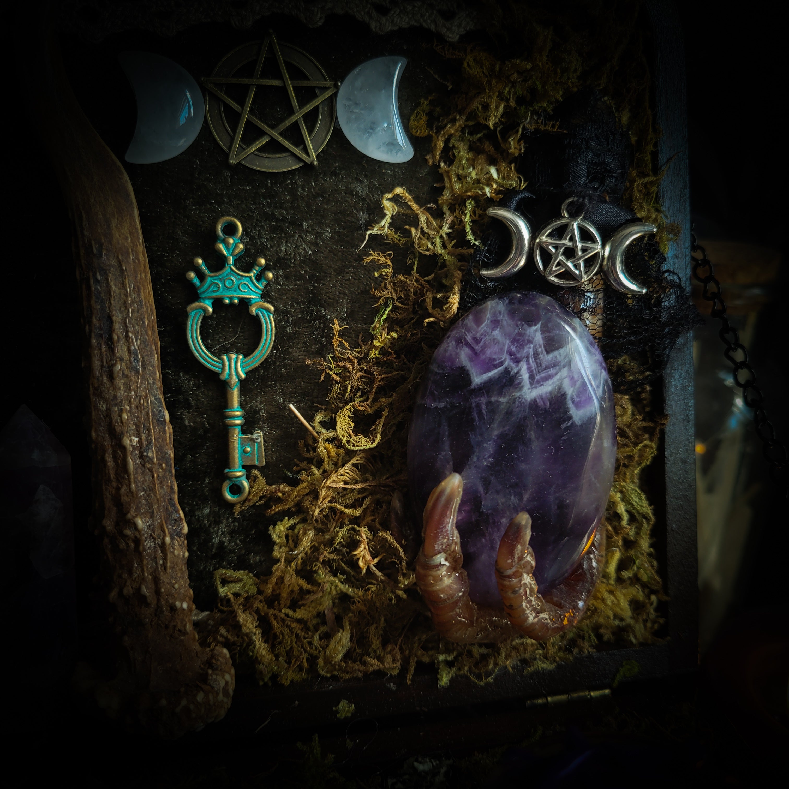 Deity Devotion Casket — handmade gothic deity altar casket, made to order. Fully custom devotional box with handcrafted wooden base, symbolic elements, spell jars, bones, crystals and ritual objects. Dark witchcraft commission by Morbid Oddities.
