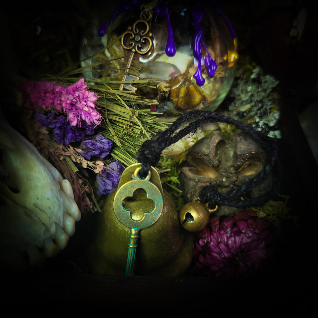 Deity Devotion Casket — handmade gothic deity altar casket, made to order. Fully custom devotional box with handcrafted wooden base, symbolic elements, spell jars, bones, crystals and ritual objects. Dark witchcraft commission by Morbid Oddities.