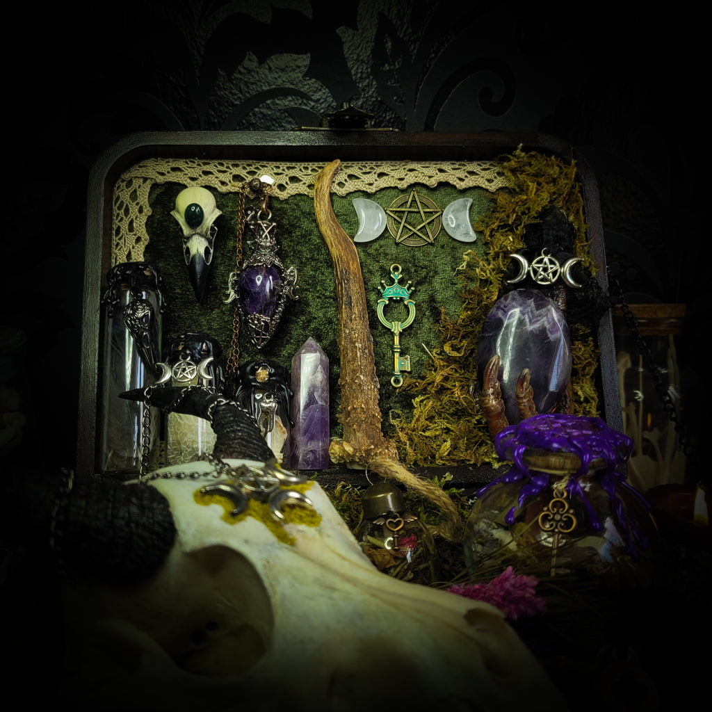 Deity Devotion Casket — handmade gothic deity altar casket, made to order. Fully custom devotional box with handcrafted wooden base, symbolic elements, spell jars, bones, crystals and ritual objects. Dark witchcraft commission by Morbid Oddities.