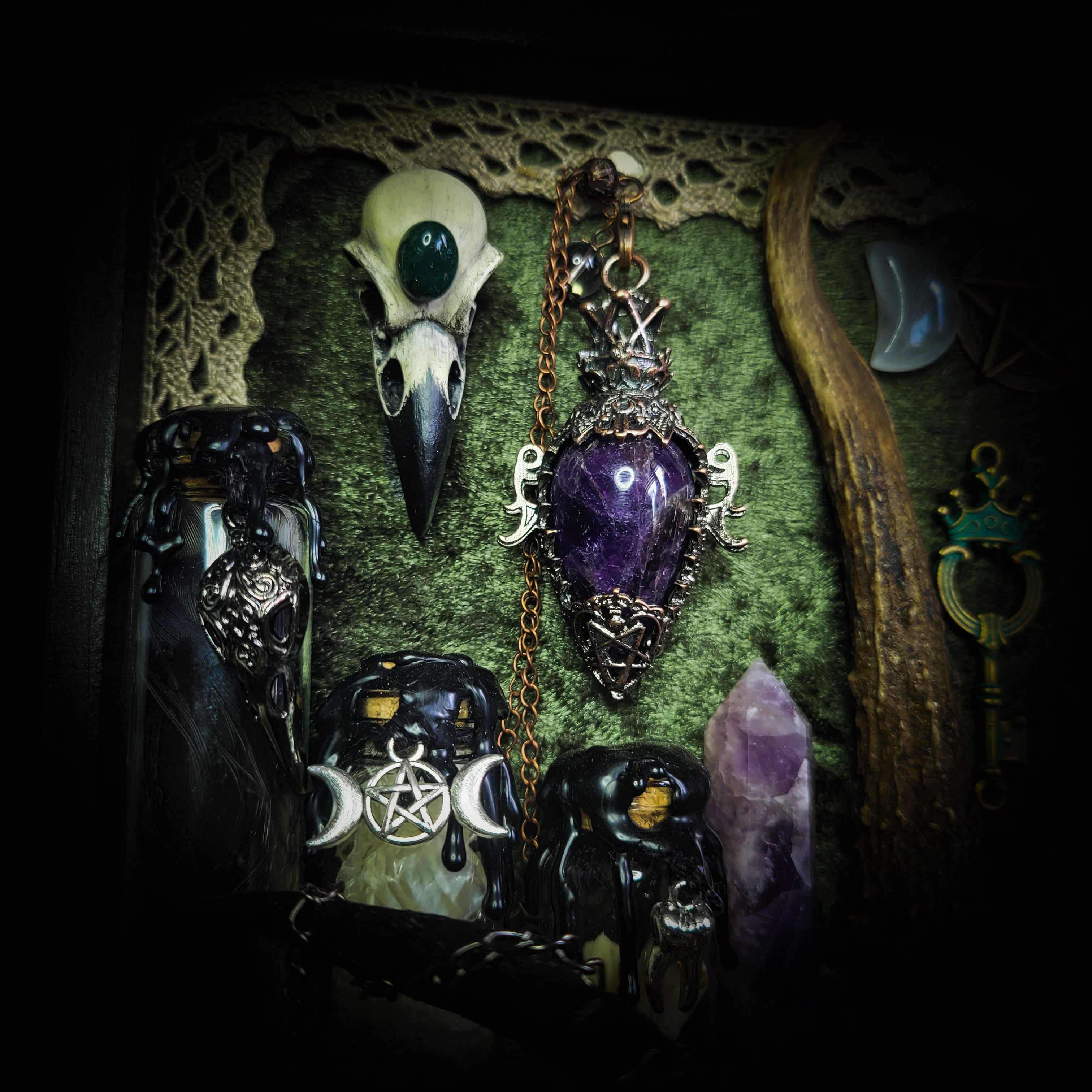 Deity Devotion Casket — handmade gothic deity altar casket, made to order. Fully custom devotional box with handcrafted wooden base, symbolic elements, spell jars, bones, crystals and ritual objects. Dark witchcraft commission by Morbid Oddities.