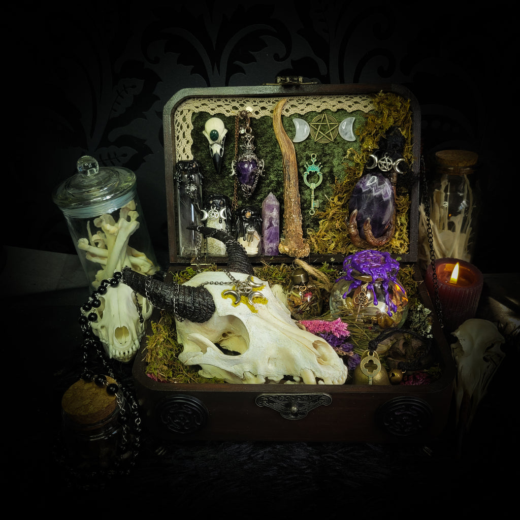 Deity Devotion Casket — handmade gothic deity altar casket, made to order. Fully custom devotional box with handcrafted wooden base, symbolic elements, spell jars, bones, crystals and ritual objects. Dark witchcraft commission by Morbid Oddities.