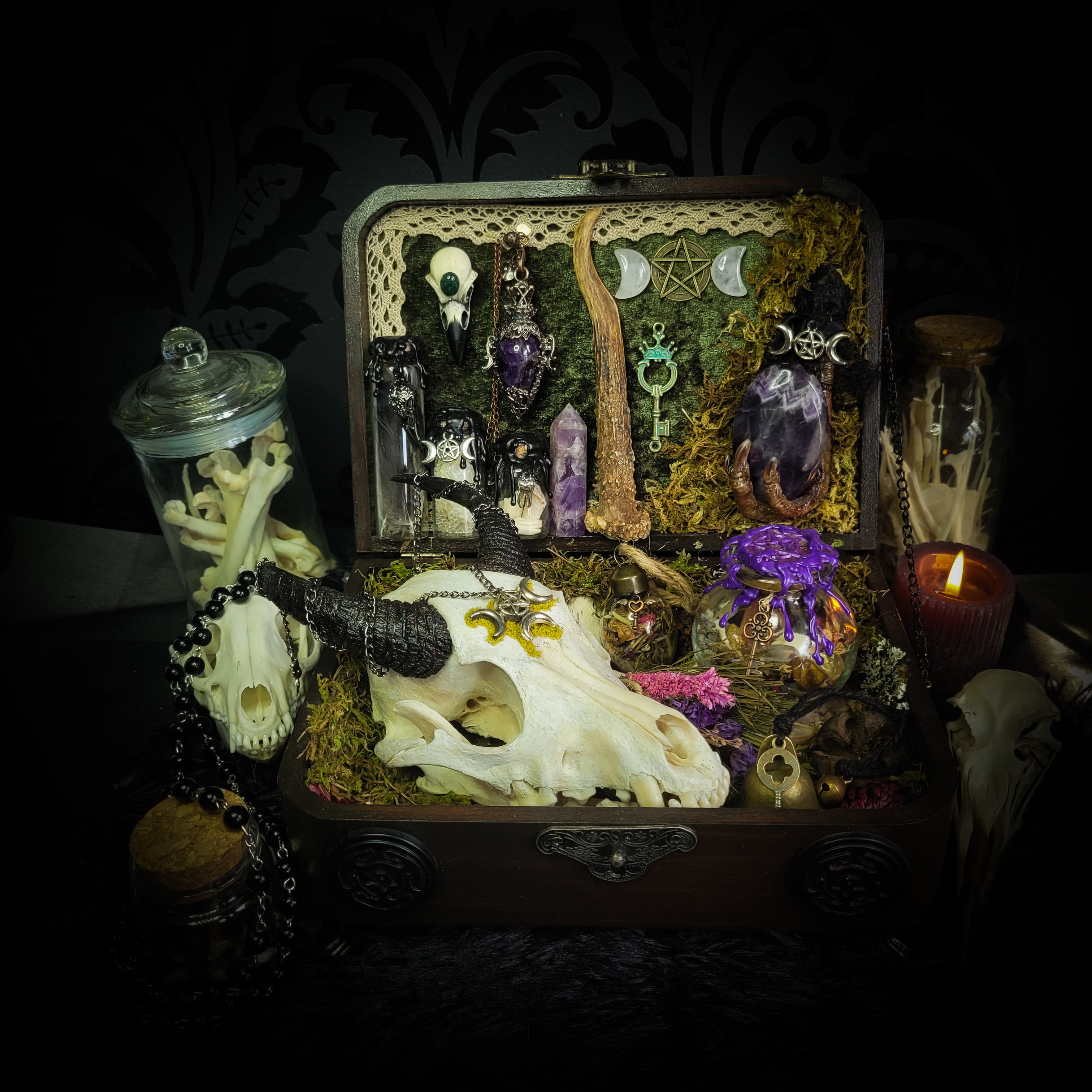 Deity Devotion Casket — handmade gothic deity altar casket, made to order. Fully custom devotional box with handcrafted wooden base, symbolic elements, spell jars, bones, crystals and ritual objects. Dark witchcraft commission by Morbid Oddities.