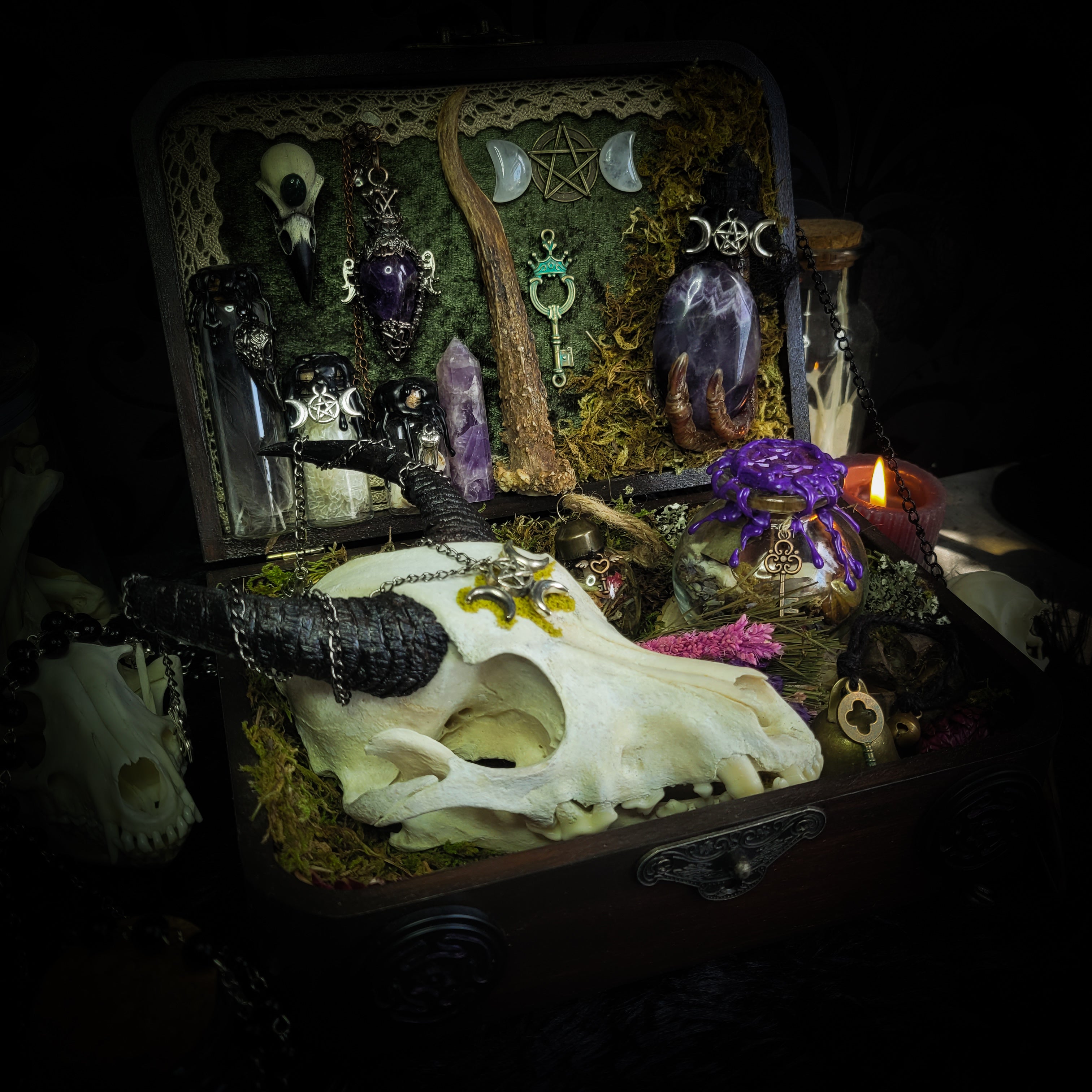Deity Devotion Casket — handmade gothic deity altar casket, made to order. Fully custom devotional box with handcrafted wooden base, symbolic elements, spell jars, bones, crystals and ritual objects. Dark witchcraft commission by Morbid Oddities.