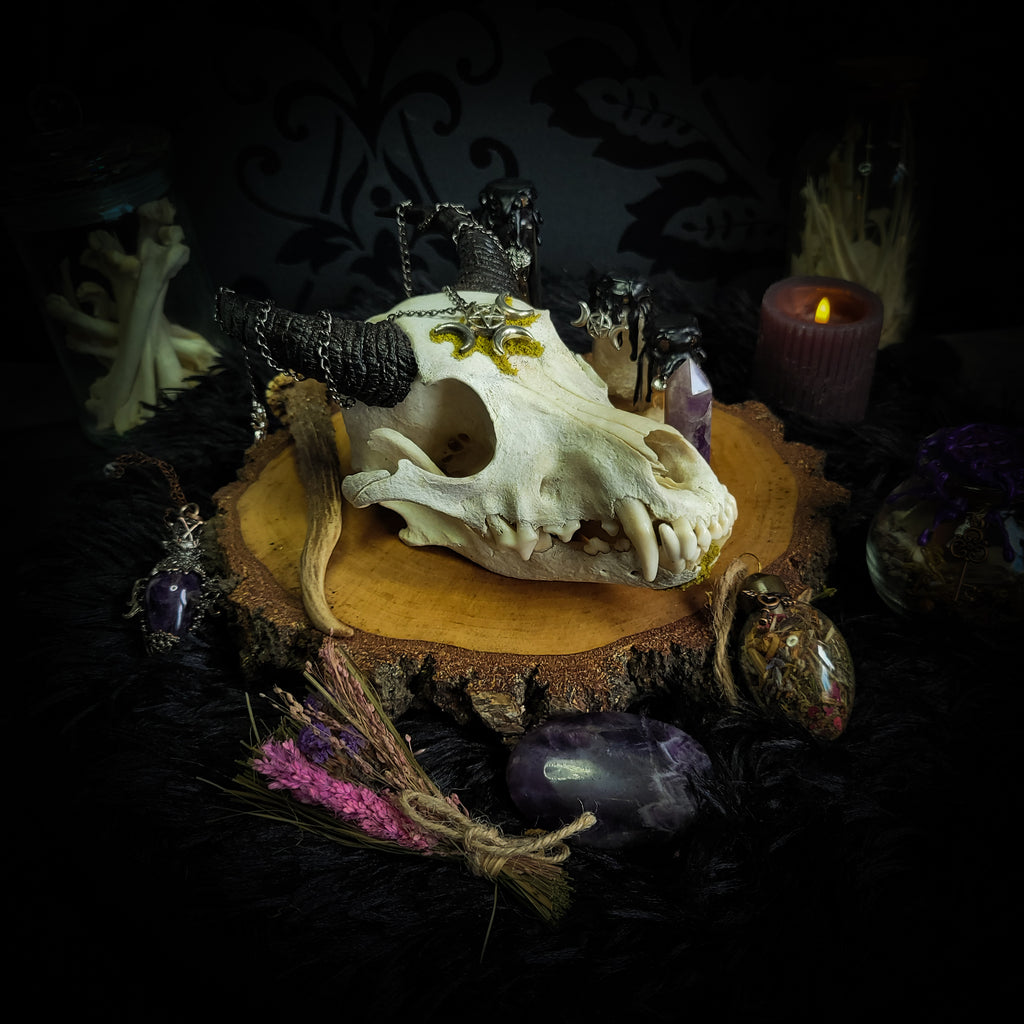 Deity Devotion Casket — handmade gothic deity altar casket, made to order. Fully custom devotional box with handcrafted wooden base, symbolic elements, spell jars, bones, crystals and ritual objects. Dark witchcraft commission by Morbid Oddities.