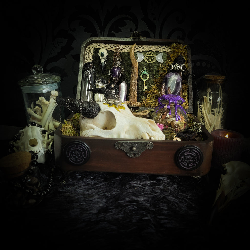 Deity Devotion Casket — handmade gothic deity altar casket, made to order. Fully custom devotional box with handcrafted wooden base, symbolic elements, spell jars, bones, crystals and ritual objects. Dark witchcraft commission by Morbid Oddities.