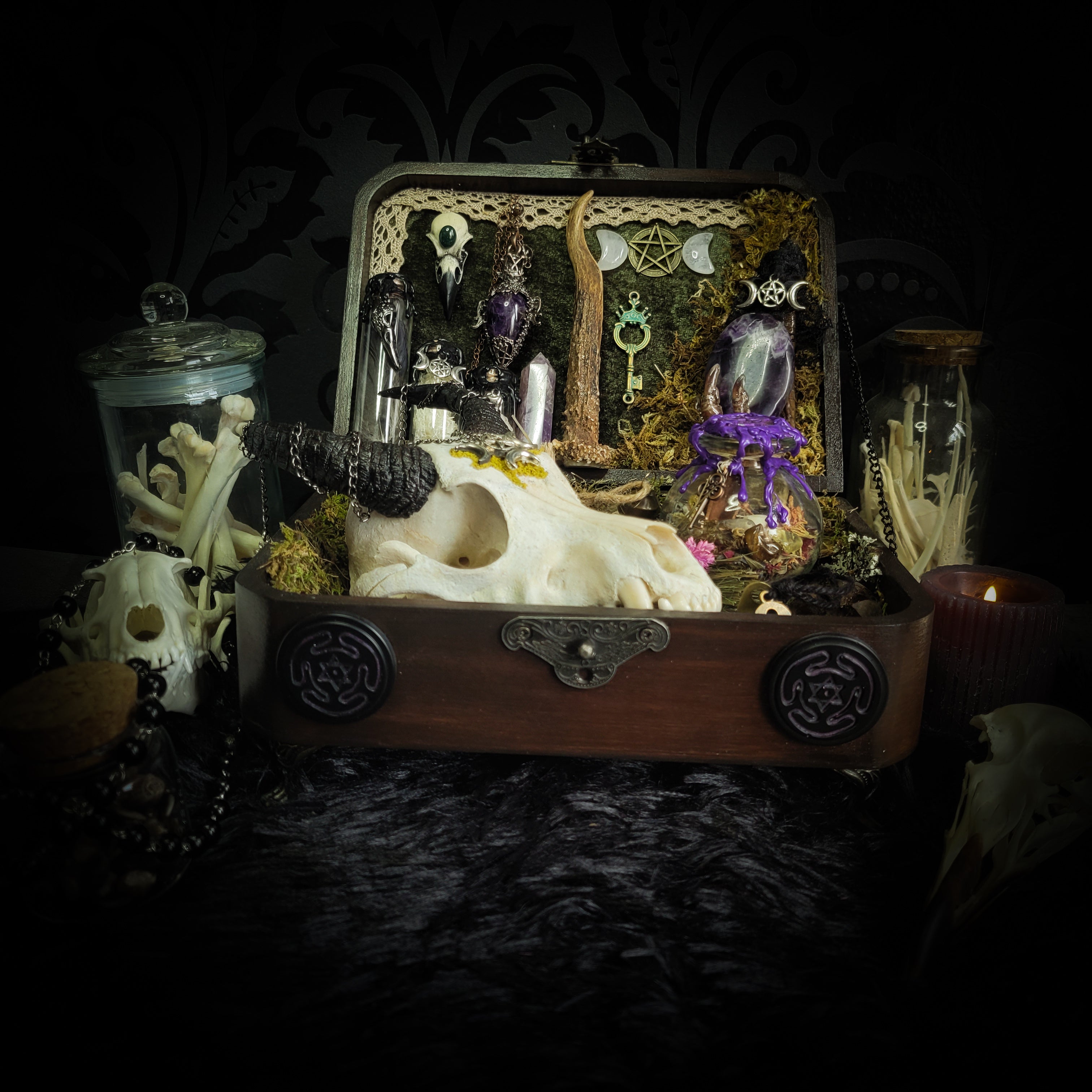 Deity Devotion Casket — handmade gothic deity altar casket, made to order. Fully custom devotional box with handcrafted wooden base, symbolic elements, spell jars, bones, crystals and ritual objects. Dark witchcraft commission by Morbid Oddities.
