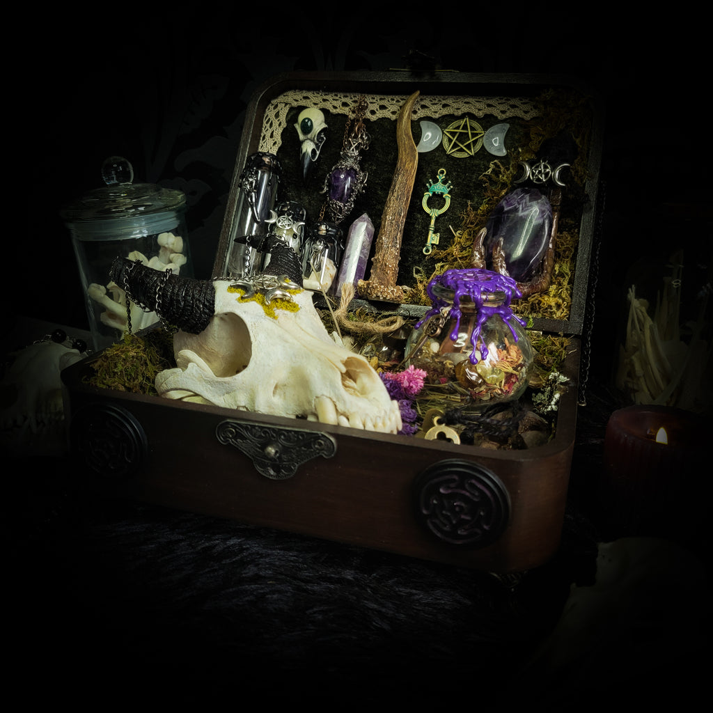 Deity Devotion Casket — handmade gothic deity altar casket, made to order. Fully custom devotional box with handcrafted wooden base, symbolic elements, spell jars, bones, crystals and ritual objects. Dark witchcraft commission by Morbid Oddities.