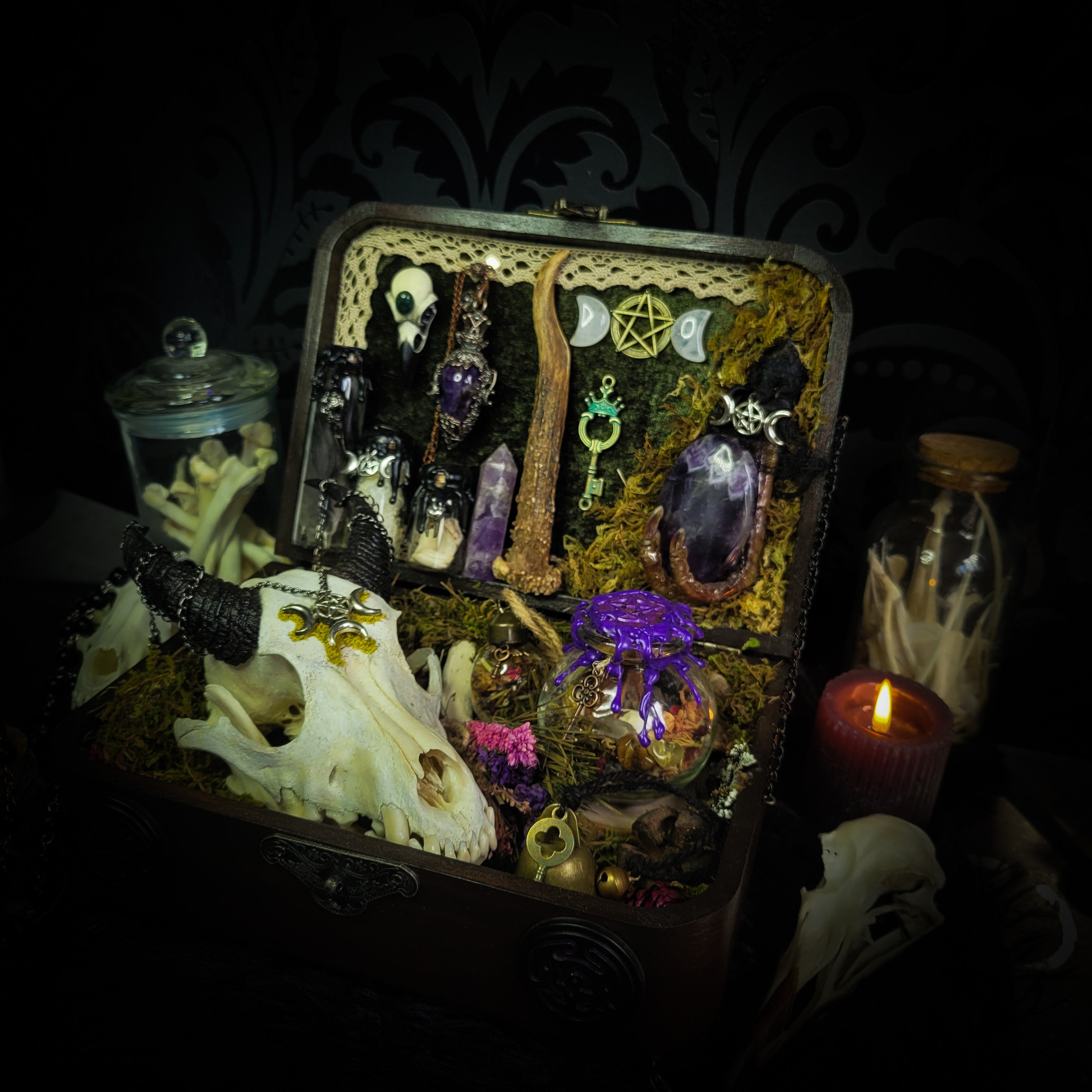 Deity Devotion Casket — handmade gothic deity altar casket, made to order. Fully custom devotional box with handcrafted wooden base, symbolic elements, spell jars, bones, crystals and ritual objects. Dark witchcraft commission by Morbid Oddities.