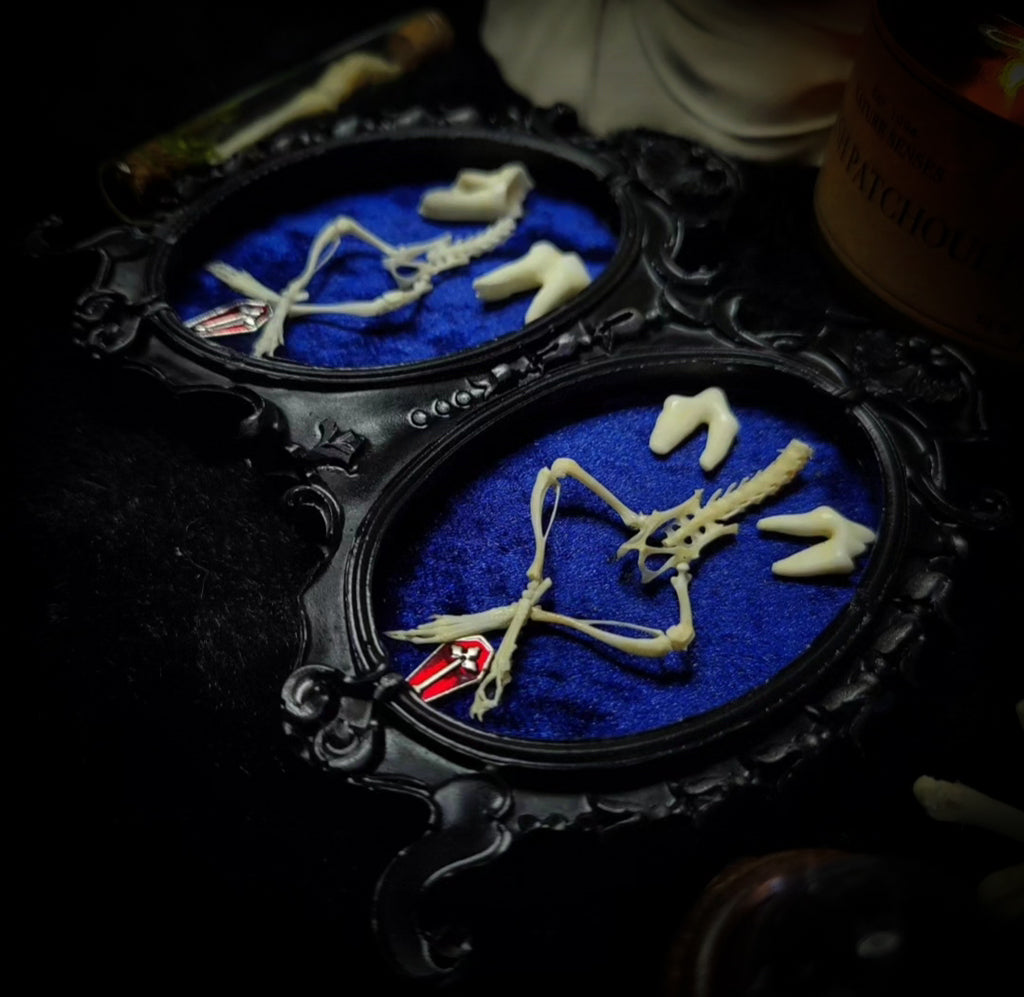 Decorative elements with skeleton hands and feet on blue fabric inside ornate black frames.Handmade gothic twin frame with mirrored mouse skeletons on dark blue velvet, baroque double frame