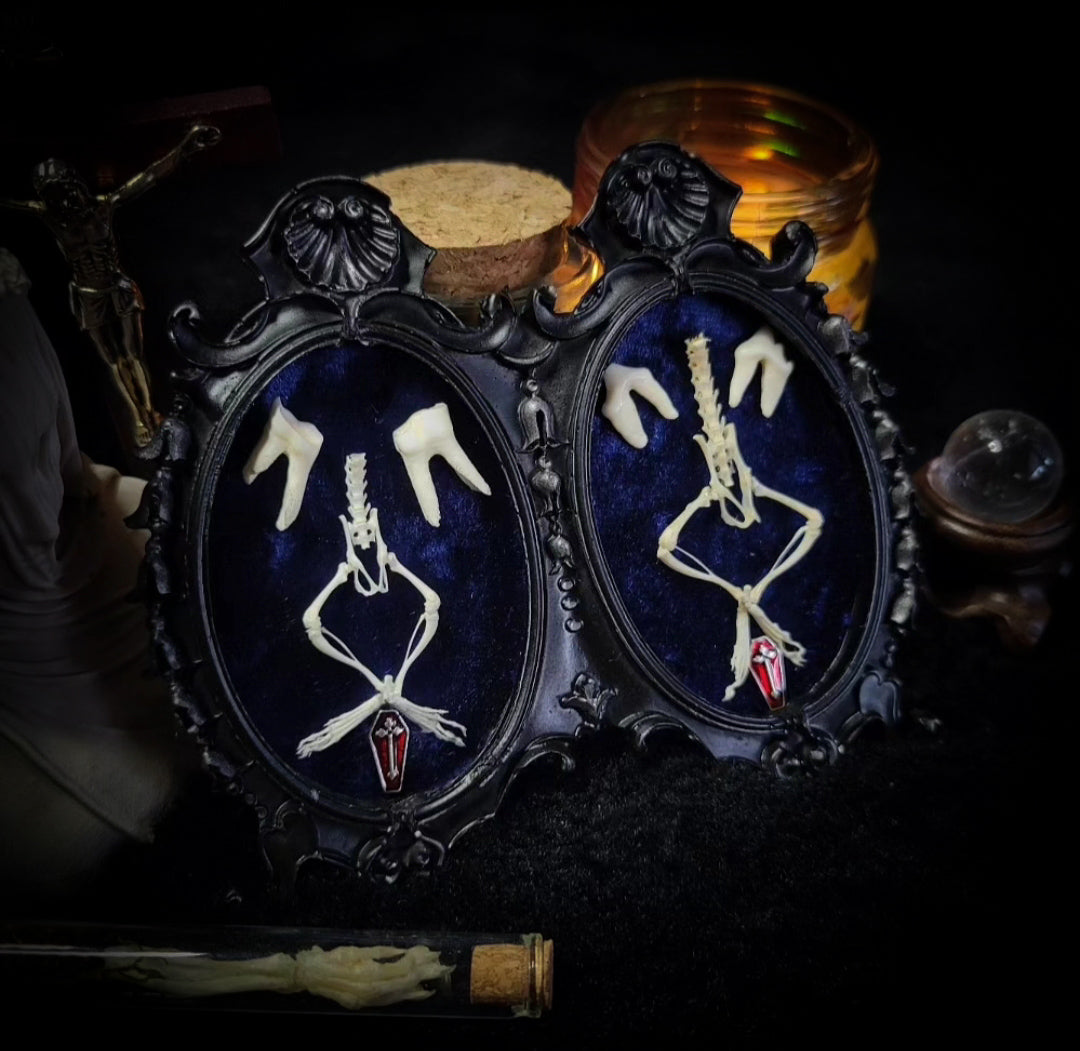 Decorative wall art with skeleton designs in ornate frames on a dark  Handmade gothic twin frame with mirrored mouse skeletons on dark blue velvet, baroque double framebackground