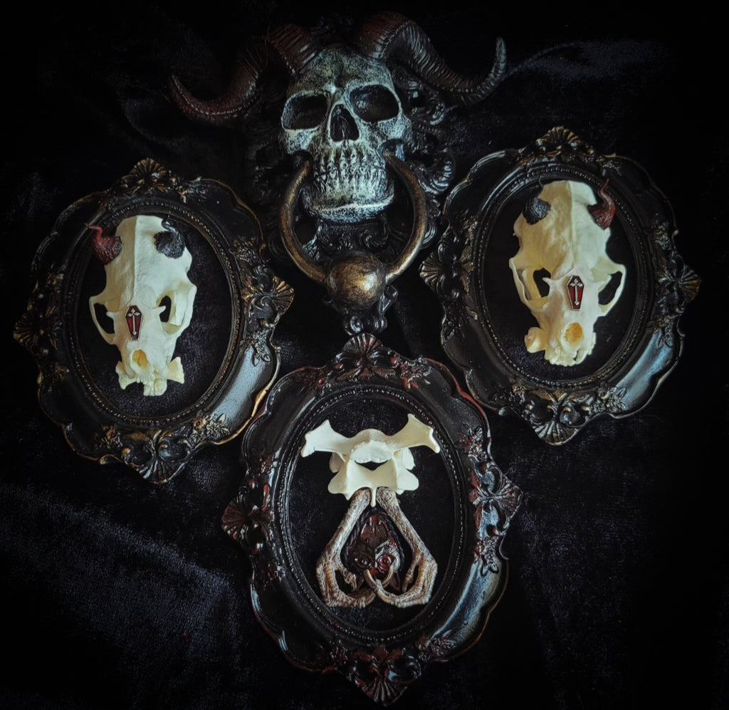 Triptych — handmade gothic triptych shadowbox, made to order. Set of 3 conjoined ornate gothic frames with real bones, skulls and decorative elements, fully hand-assembled. Dark collectible wall decor commission by Morbid Oddities.