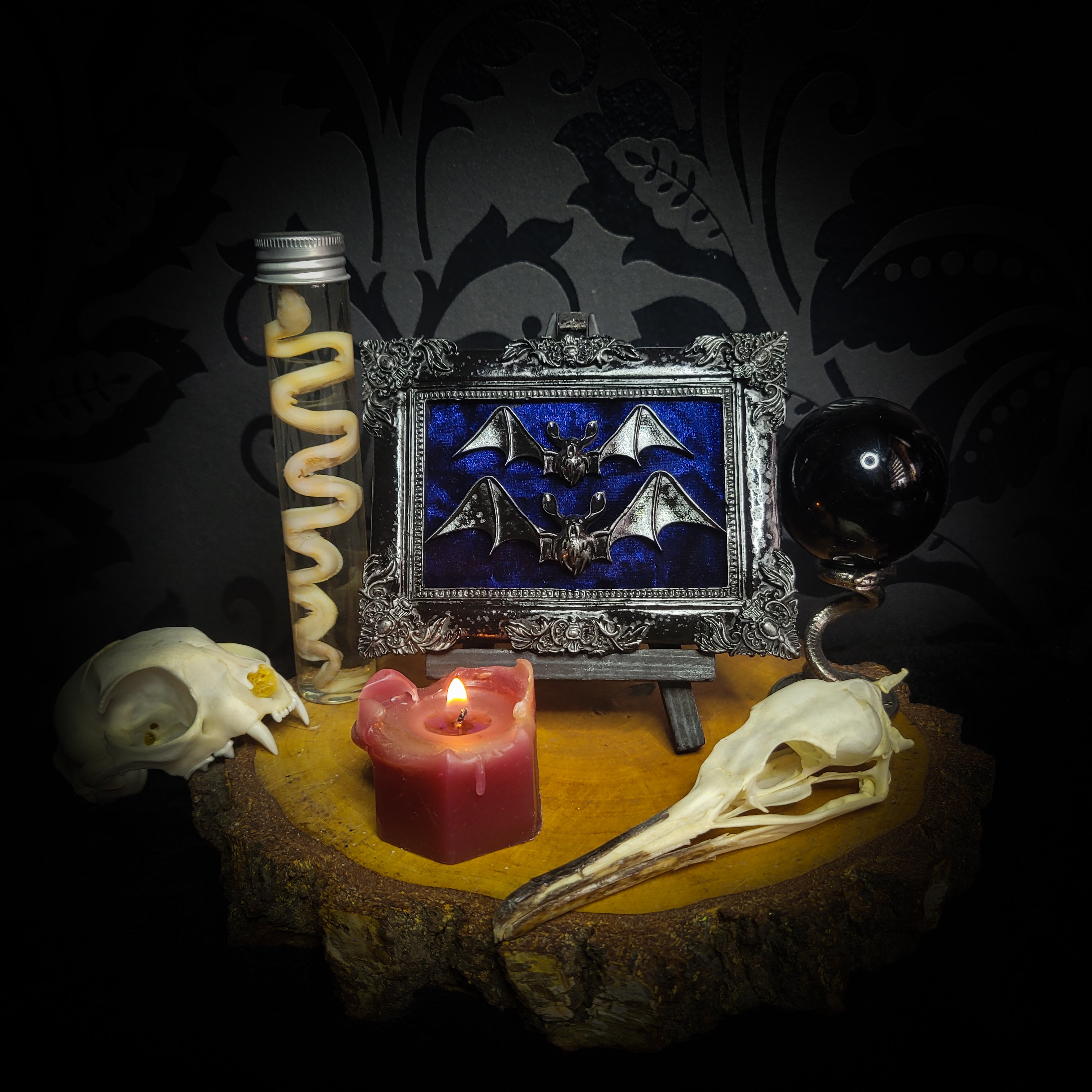Nox Caelestis — handmade gothic shadowbox, made to order. Detailed handcrafted bat set in ornate decorative frame on deep blue velvet background. Nocturnal gothic wall decor, 12x9.5cm.